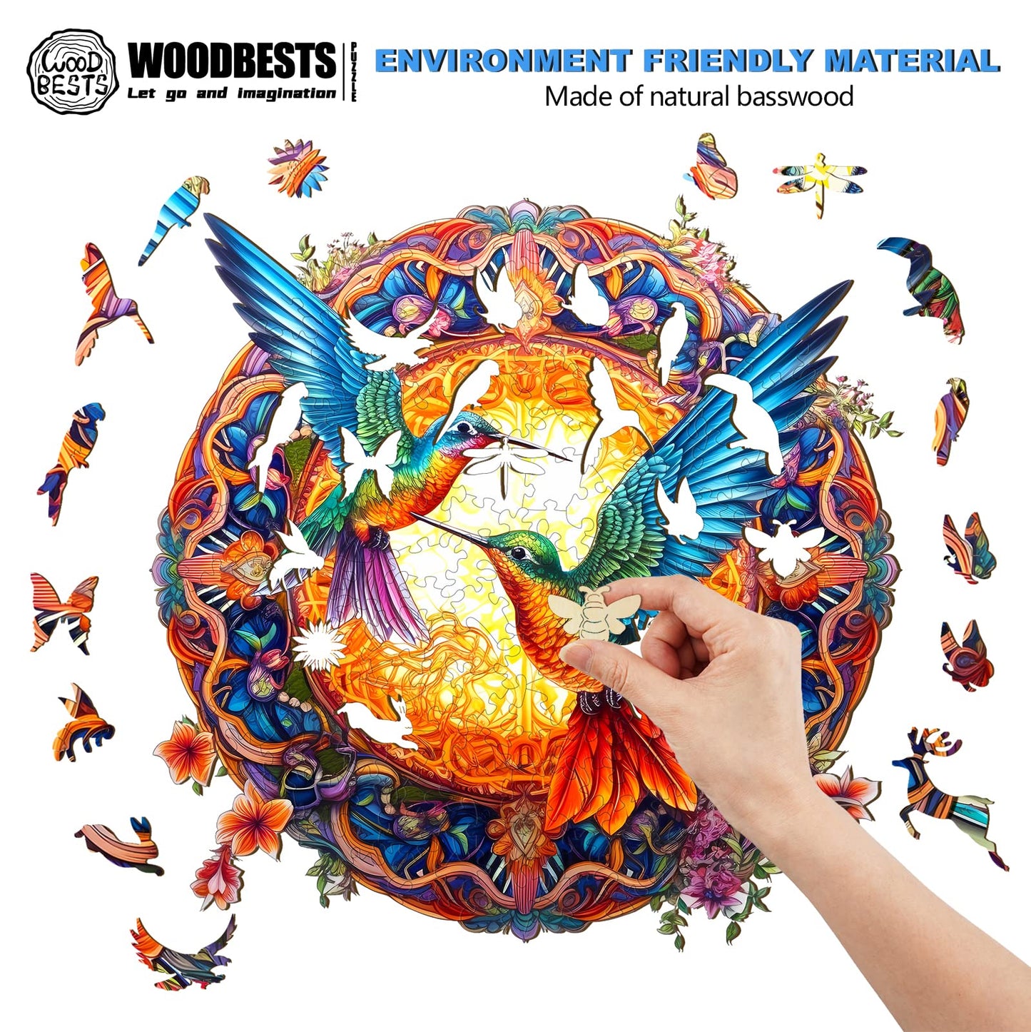 Woodbests Wooden Jigsaw Puzzle For Adults, Mandala Hummingbird Puzzle (L, 300Pcs, 13.8'X13.8') Beautiful Wooden Box, Puzzle Wood Unique Shape, Birthday Gifts For Adults And Kids Family Game