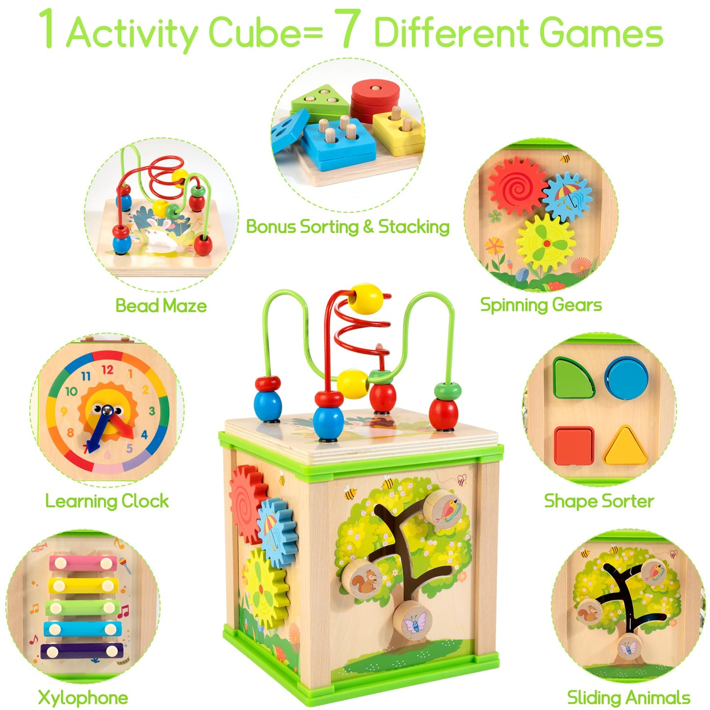 Woodmam Wooden 7-In-1 Activity Cube| Montessori Toys For 1 2 3 Year Old Toddlers| Baby Educational Developmental Toys |One Year Old Boys Girls First Birthday Gifts |Bonus Sorting & Stacking Board