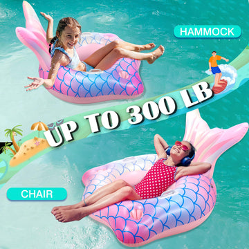 Inflatable Pool Float Mermaid Tail Pool Floating Chair With Cup Holders, Backrest, Mesh Bottom And Handles Summer Water Fun Beac