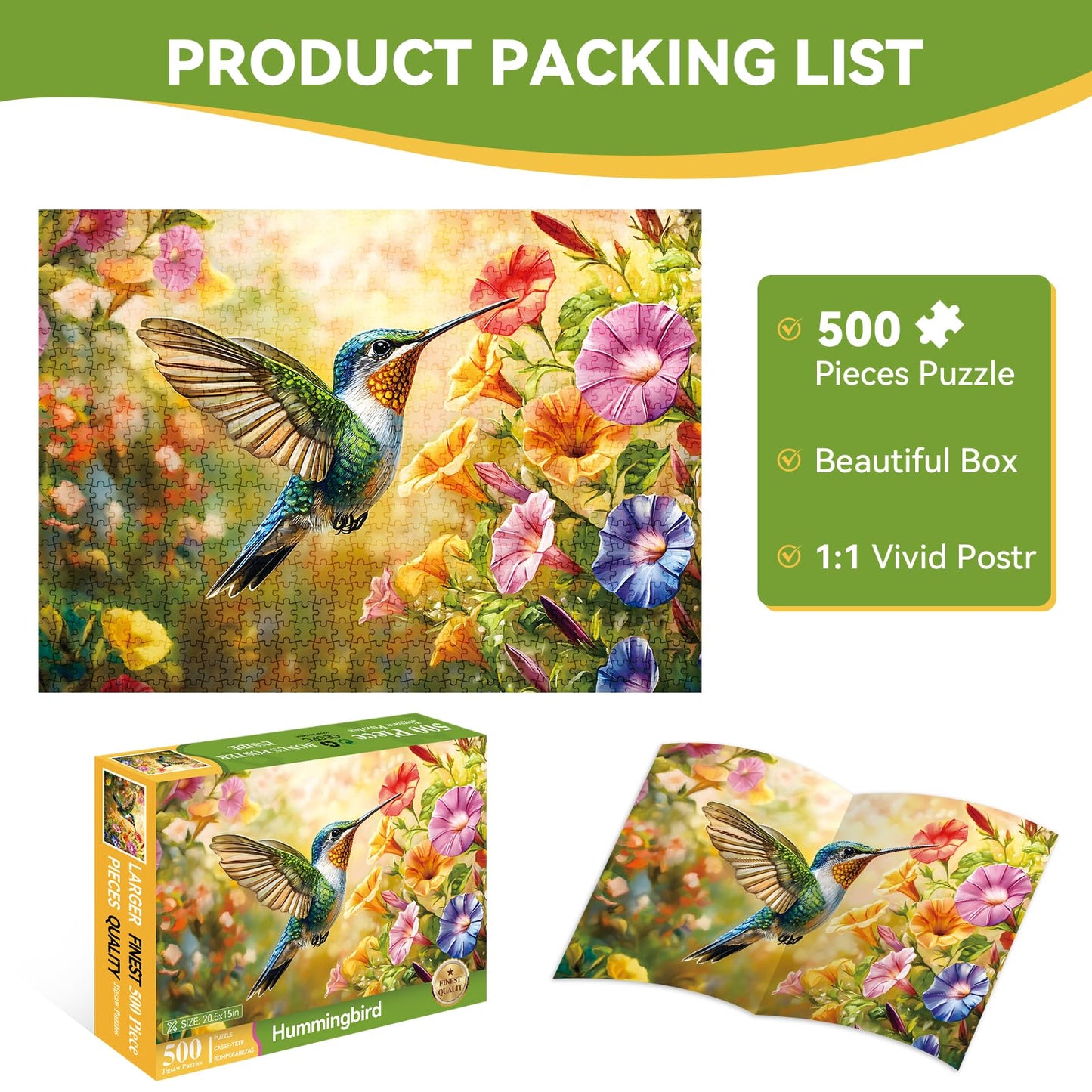 500 Piece Puzzle for mature-themeds  Right Facing Hummingbird Jigsaw Puzzle  Nature Floral Puzzles for mature-themeds and Teens  Relaxing Bird Puzzle Gift  20.5 x 15 in