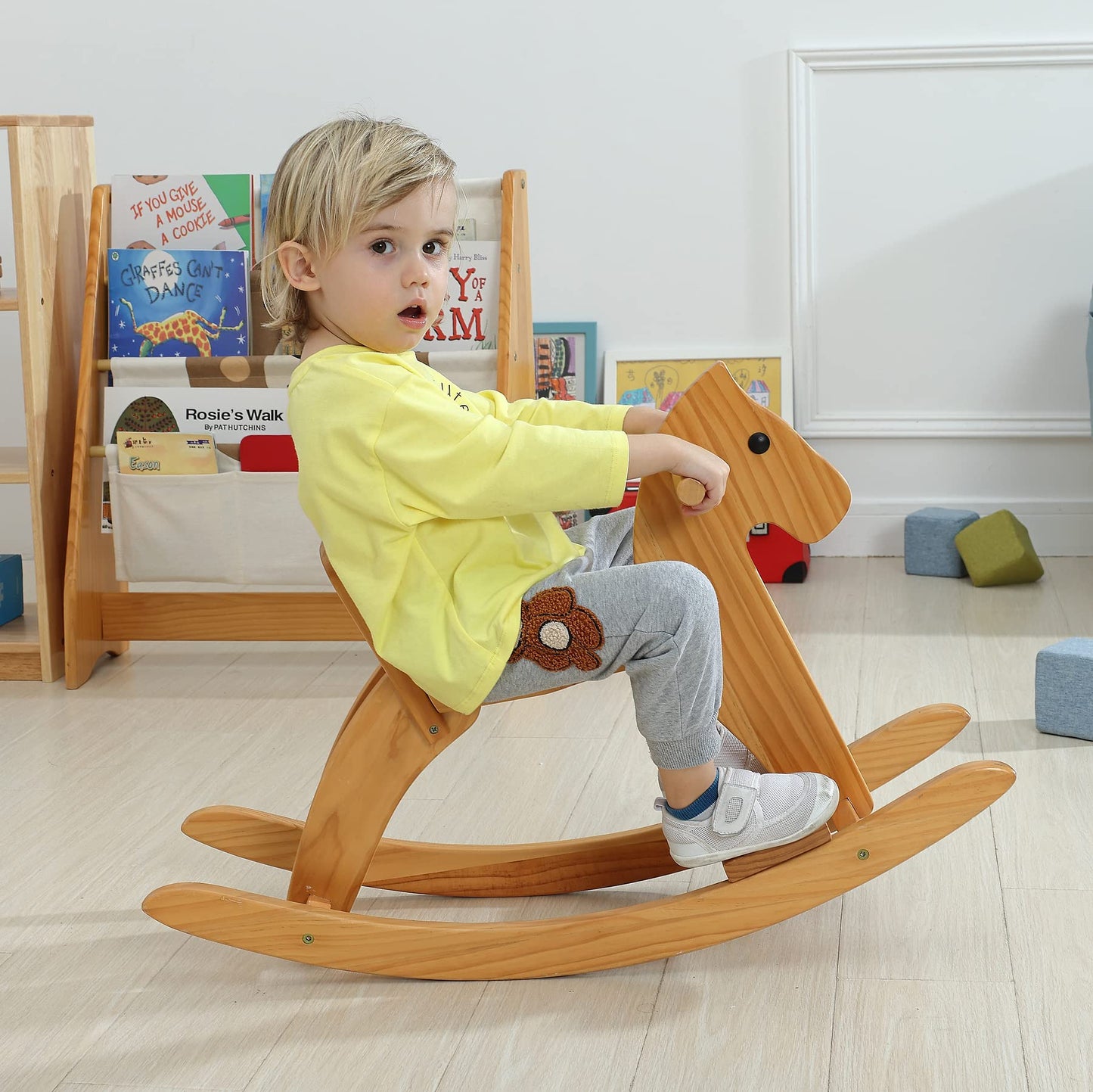 KRAND Wooden Rocking Horse for Toddlers - Classic Blue Ride-On Toy with Pedal and Safe Backrest, 31.5x9.8x20.5 inches