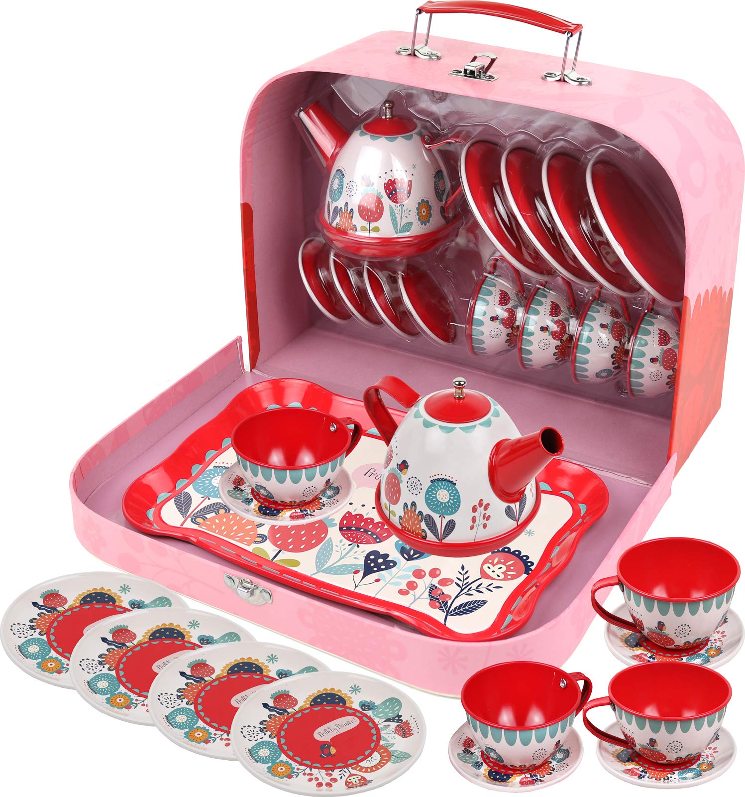 Tea Set for Little Girls, Pretend Play Tea Party Set, Floral Design Kids Tin Tea Set with Carrying Case (15 Pcs)