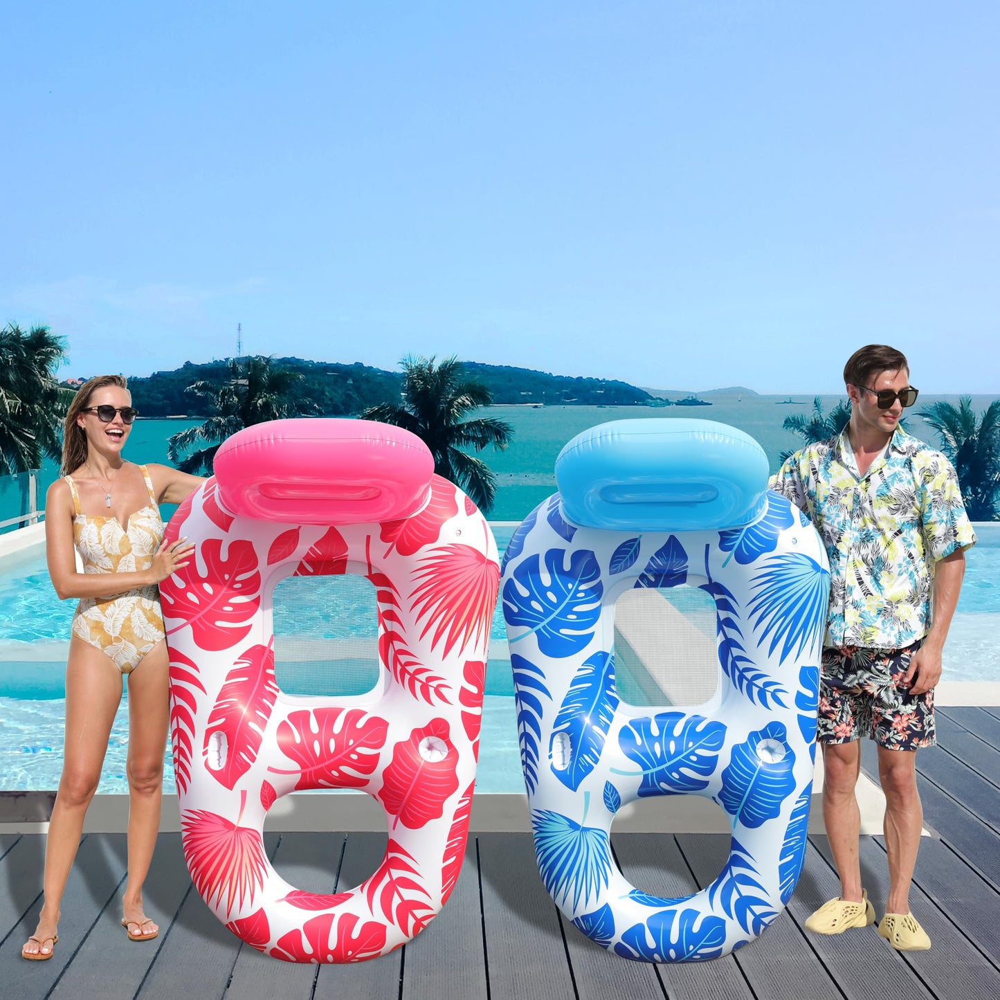 FindUWill Pool Floats mature-themed - 2 Pack Oversized Pool Chairs  Tanning Pool Lounger  Inflatable Pool Float Lounge with Cup  Phone Holder  Backrest  Footrest (Blue&Red)