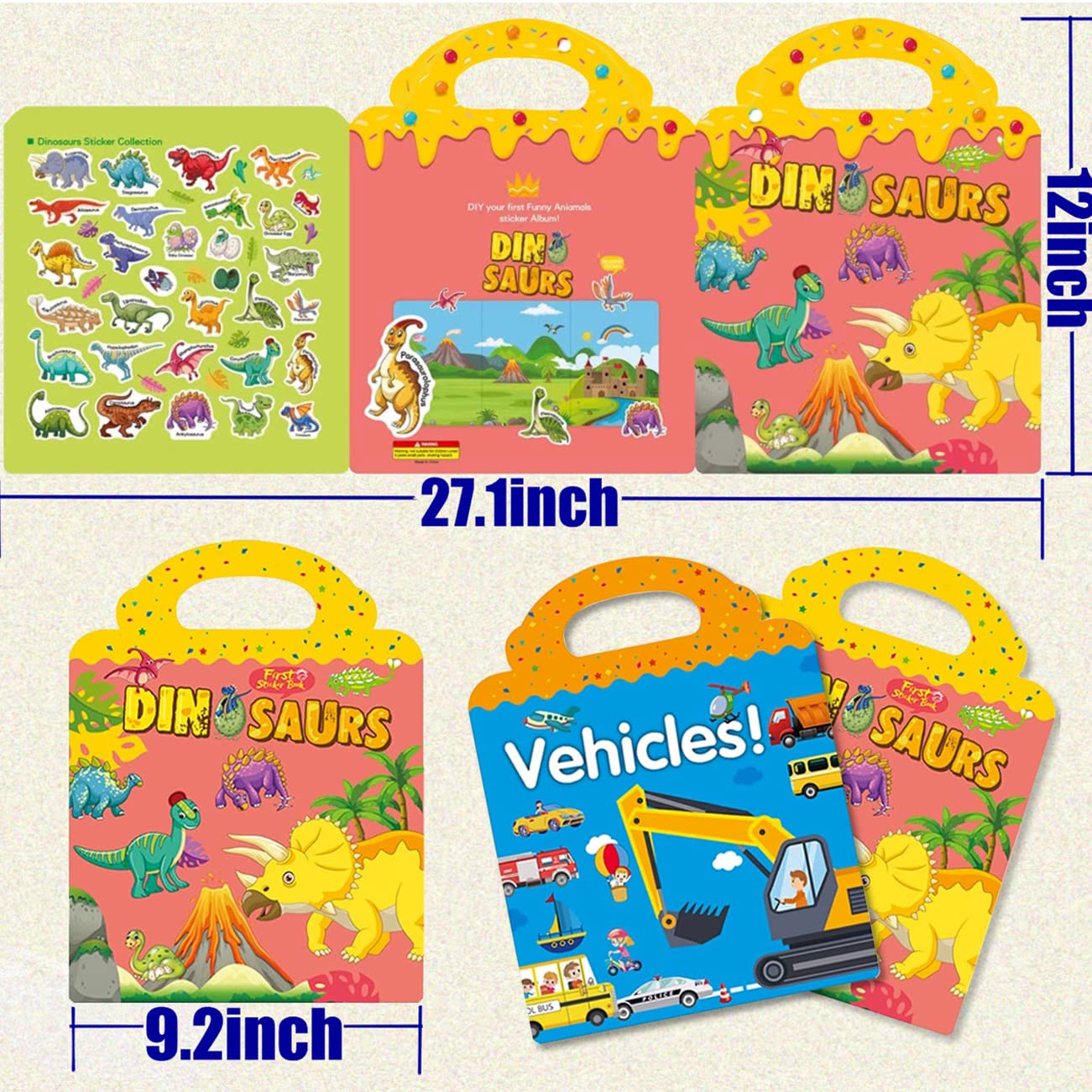 Ruson Reusable Sticker Book For Kids, 2 Sets Educational Learning Toys Travel Stickers Activity Books For Toddler Girls Boys Age 3+ Birthday Gifts - Vehicle & Dinosaur