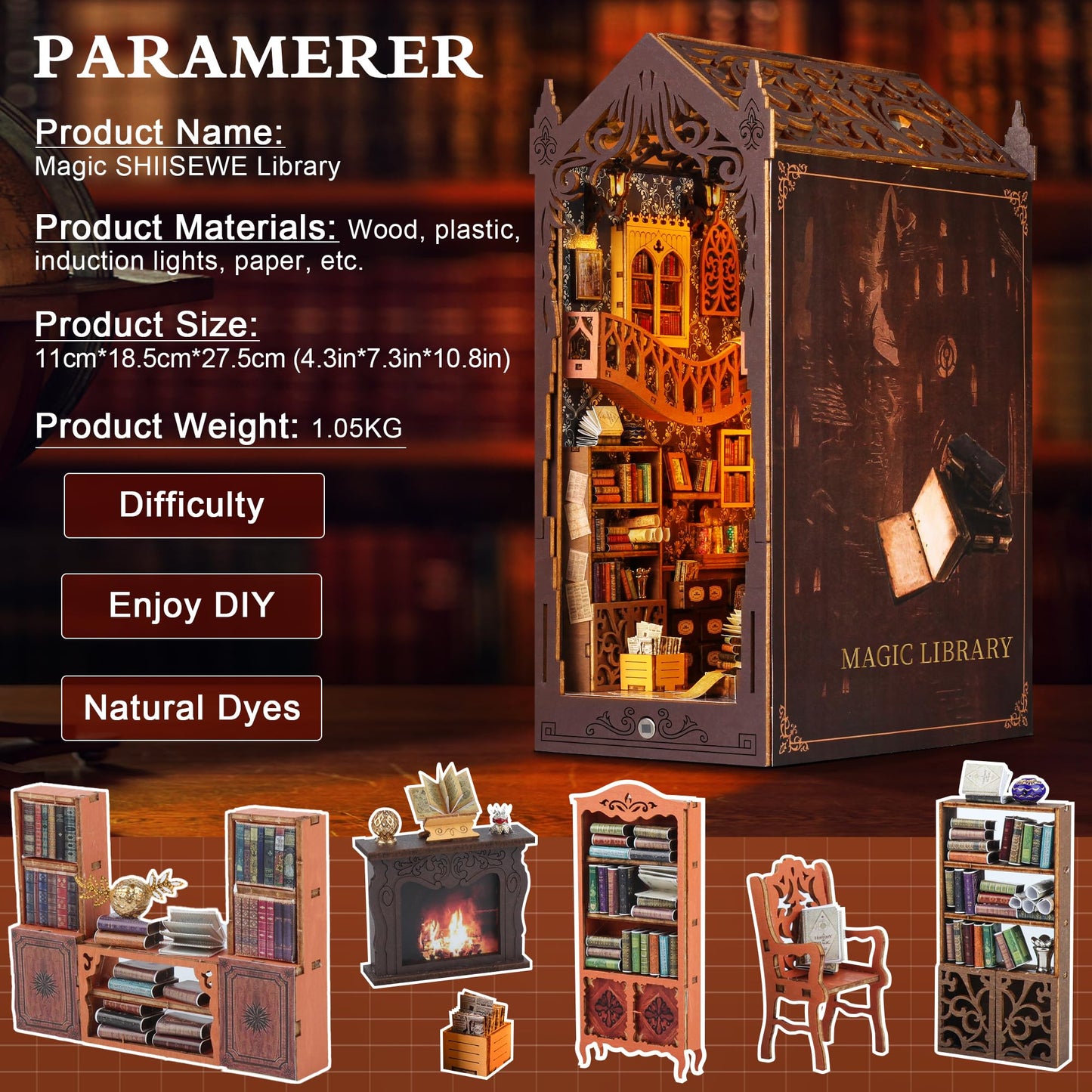 SHIISEWE Book Nook, DIY Book Nook Kits for Adults, Magic Library 3D Wooden Puzzle Bookend Bookshelf Insert Decor with LED Light,