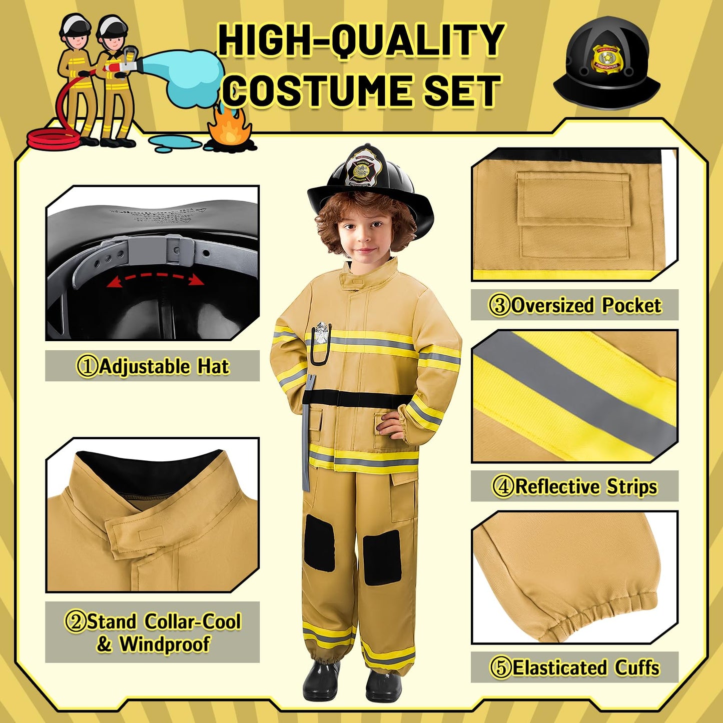 Deao Fireman Costume For Kids Firefighter Dress-Up Toy Set With Accessories Halloween Costumes Pretend Play Toy Gift For Boy