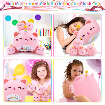 Pink Birthday Cat Plush, 5 PCS Cat Plush Stuffed Animal Family, 16'' Pink Cat Mommy White Cat with 4 Baby Kittens Cat Plushies,K