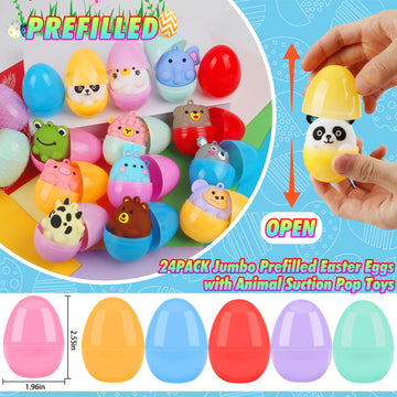 Prefilled Easter Eggs With Animal Pop Toys,24 Pcs Filled Easter Eggs For Egg Hunt,Easter Basket Stuffers For Kids,Easter Party F