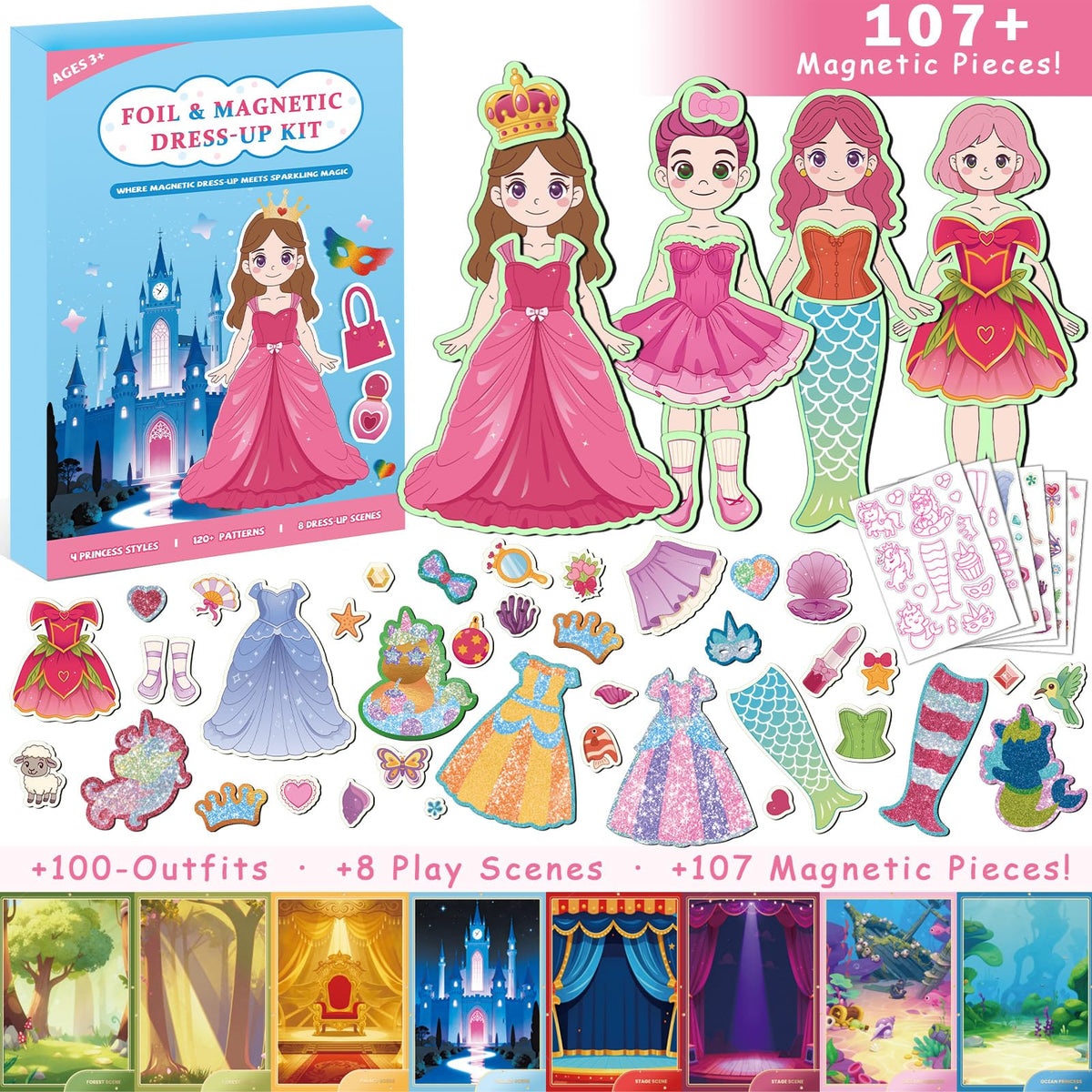 FLUXOJOY Magnetic Dress Up Dolls for Girls 48, Princess Mermaid Fairy Ballerina Dressing Up Kit, Foil Art Craft DIY Toy with 10