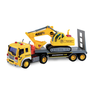 Maxx Action 17” Vehicle Transport Playset with Excavator, Bright Lights & Sounds, Friction Powered, Yellow Construction Truck for Kids