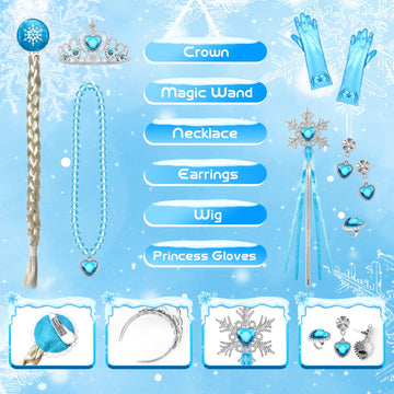 Luucio Frozen Costume For Girls, Princess Costume For Girls, Crown Accessories For Girls 3-10 Years, Halloween Role Play Kit