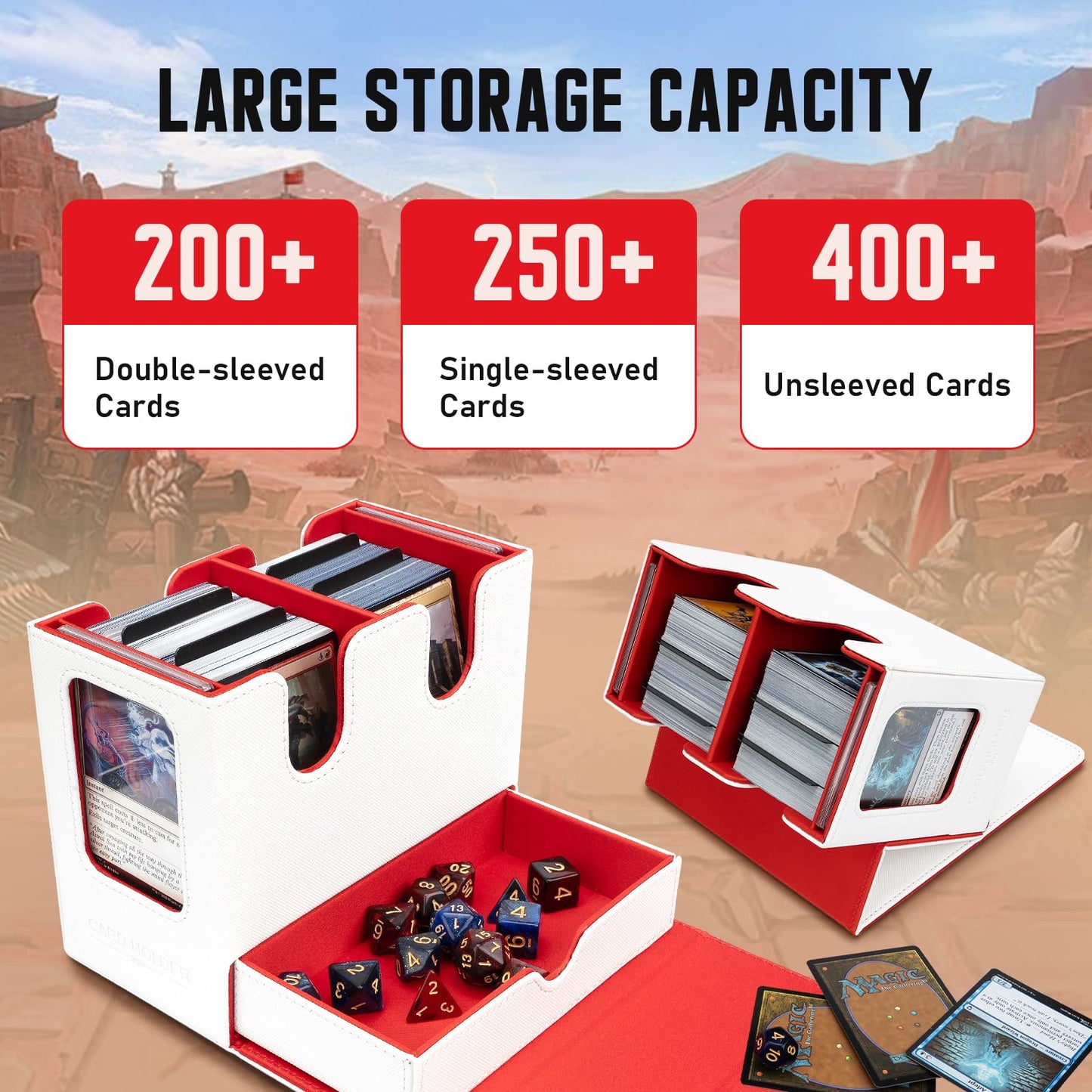 TiMOVO MTG Deck Box  MTG Commander Card Deck Box with Commander Display & Dice Tray Fits 400+ Unsleeved Cards  Leather Magnetic Card Storage Case with 6 Dividers for TCG CCG Magic Cards  White + Red