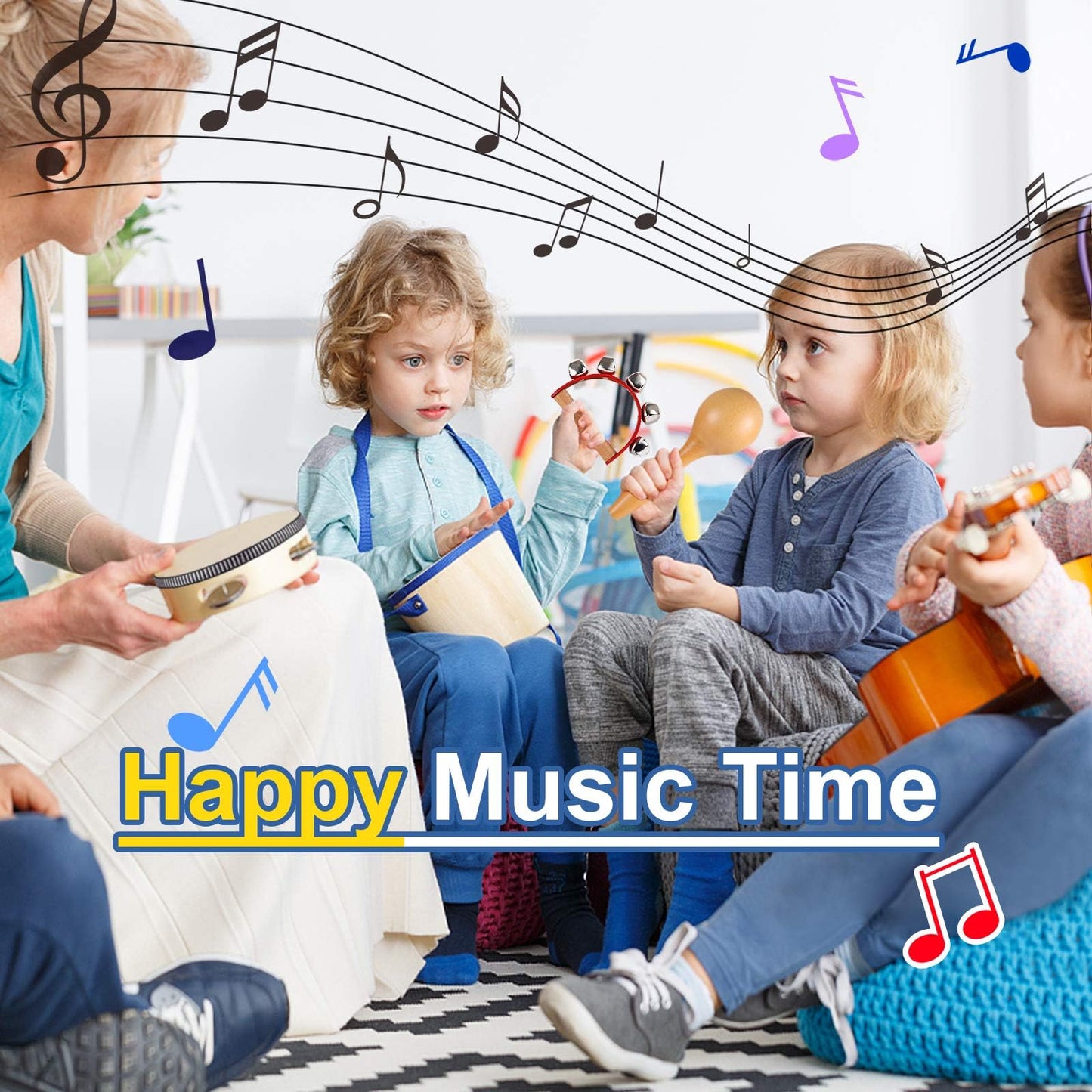 LOOIKOOS Wooden Musical Instruments Set for Toddlers 1-3, Natural Color, Montessori Educational Toys, Model ES-HLJS-0326-778