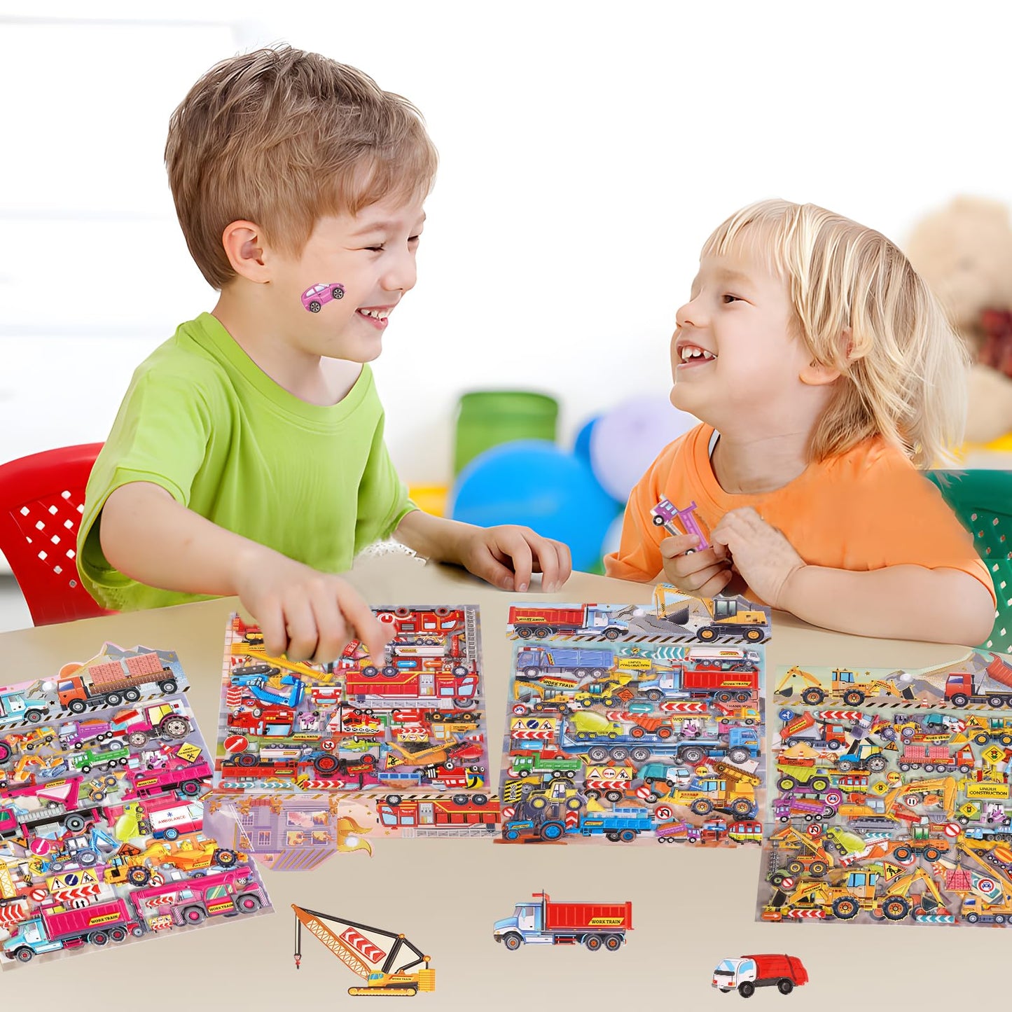Jactales Construction Truck Puffy Stickers for Toddlers Kids - 8 Sheets of 3D Vehicle Stickers Featuring Cars, Excavators, Tract