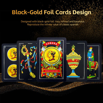 CDBXRA Spanish Playing Cards - Luxury Black-Gold Foil, Waterproof PVC - Original Briscas Cards from Puerto Rico, Mexican Deck (1 Pack)