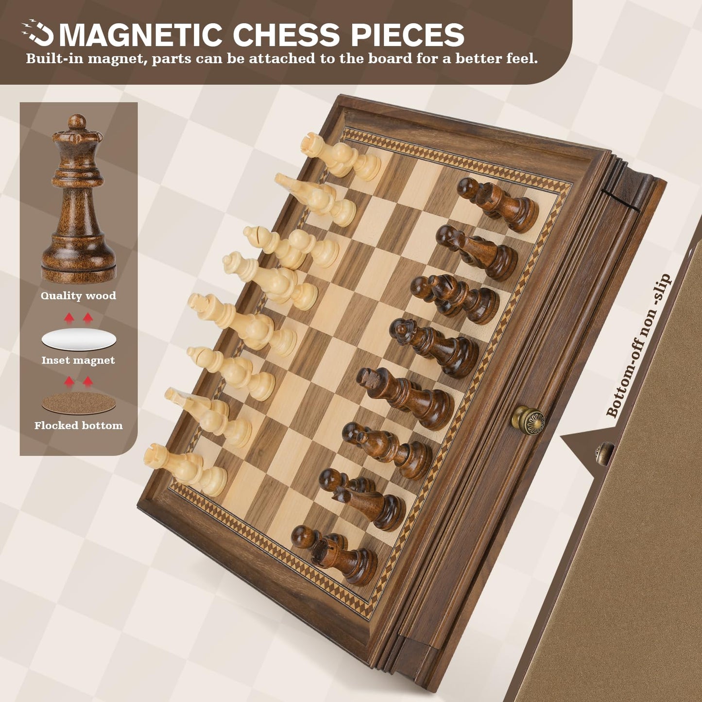 Peradix Magnetic Chess Checkers Board Sets With 2 Built-In Storage Drawers,12.8' Classic 2 In 1 Wooden Games With 2 Extra Queens For Kids And Adults,Travel Portable Chess Game Set
