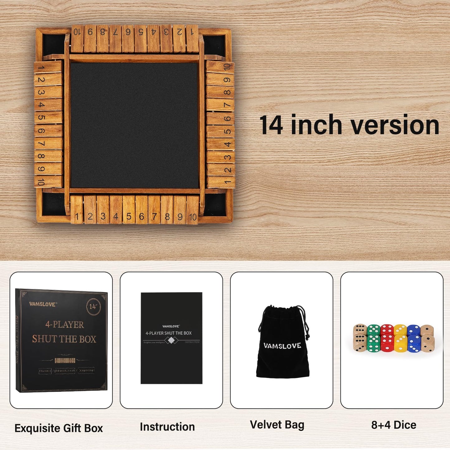 Vamslove Shut The Box Dice Game - 14" Wooden Board for 2-4 Players, Includes 8+4 Dice, Math Game for Kids & Adults