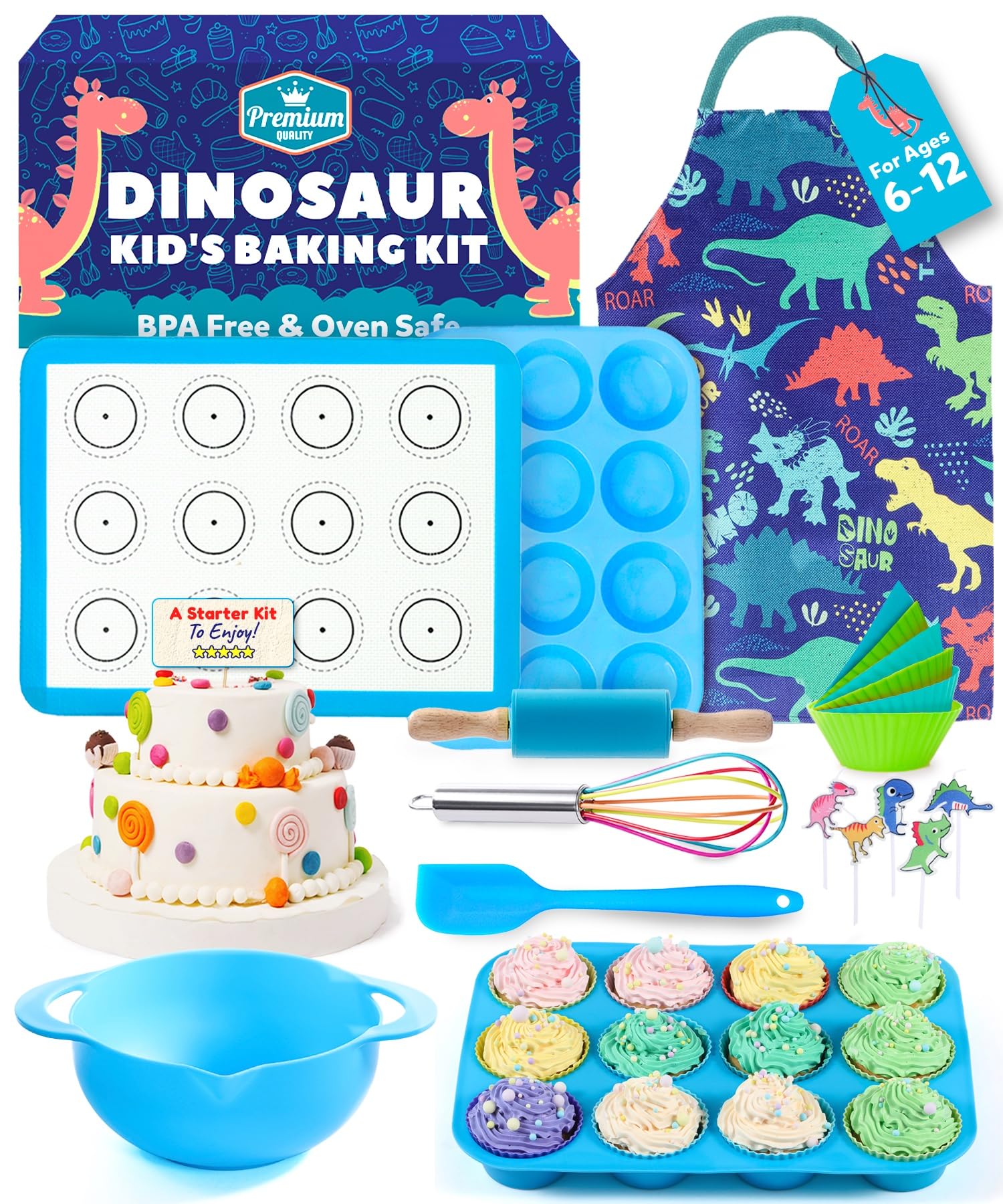 Osmi Complete Kids Baking Set - 14Pc Dinosaur Chef Baking Kit - Premium Kid Cooking Gift Set W/ Real Utensils For Boys And Girls
