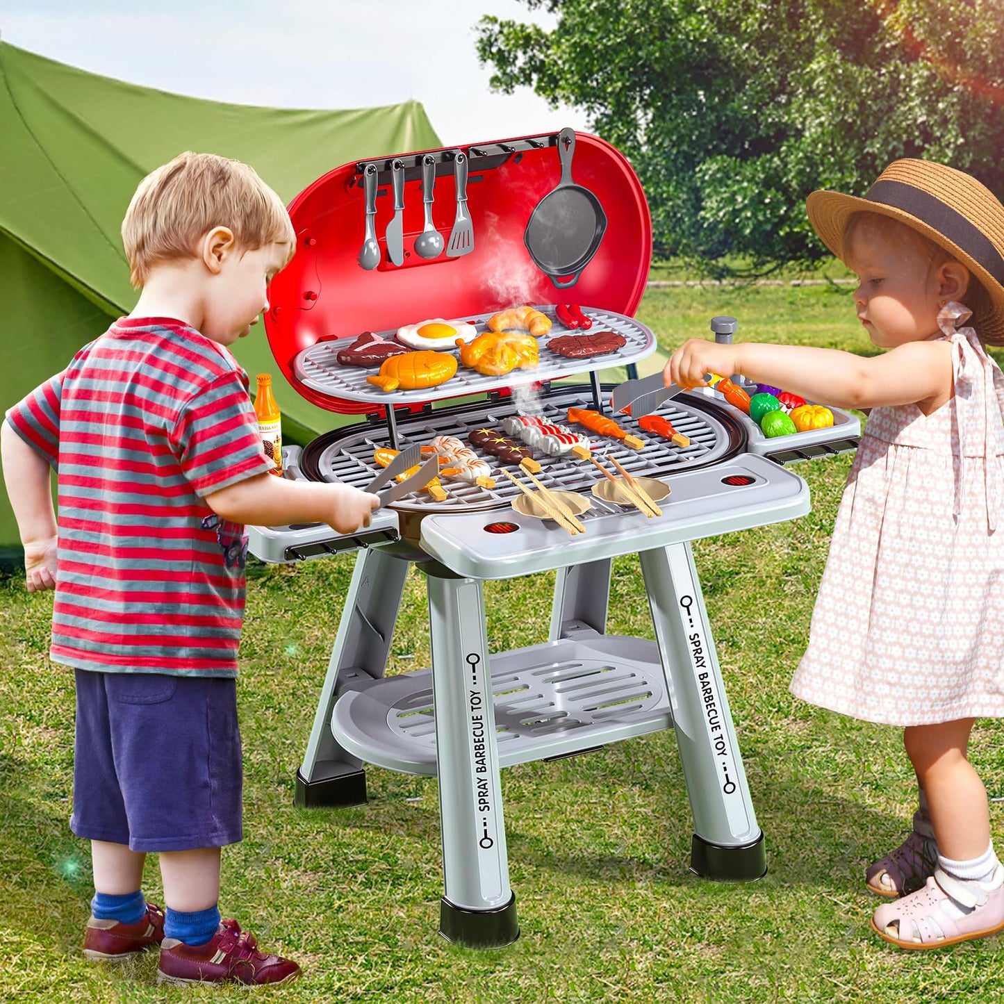 Jukudahu Kids Play Kitchen Toys, Bbq Grill With Smoke For Kids Ages 3 4 5 6 7, 2-Layer Barbecue Toys Play Food Set With Sound Li