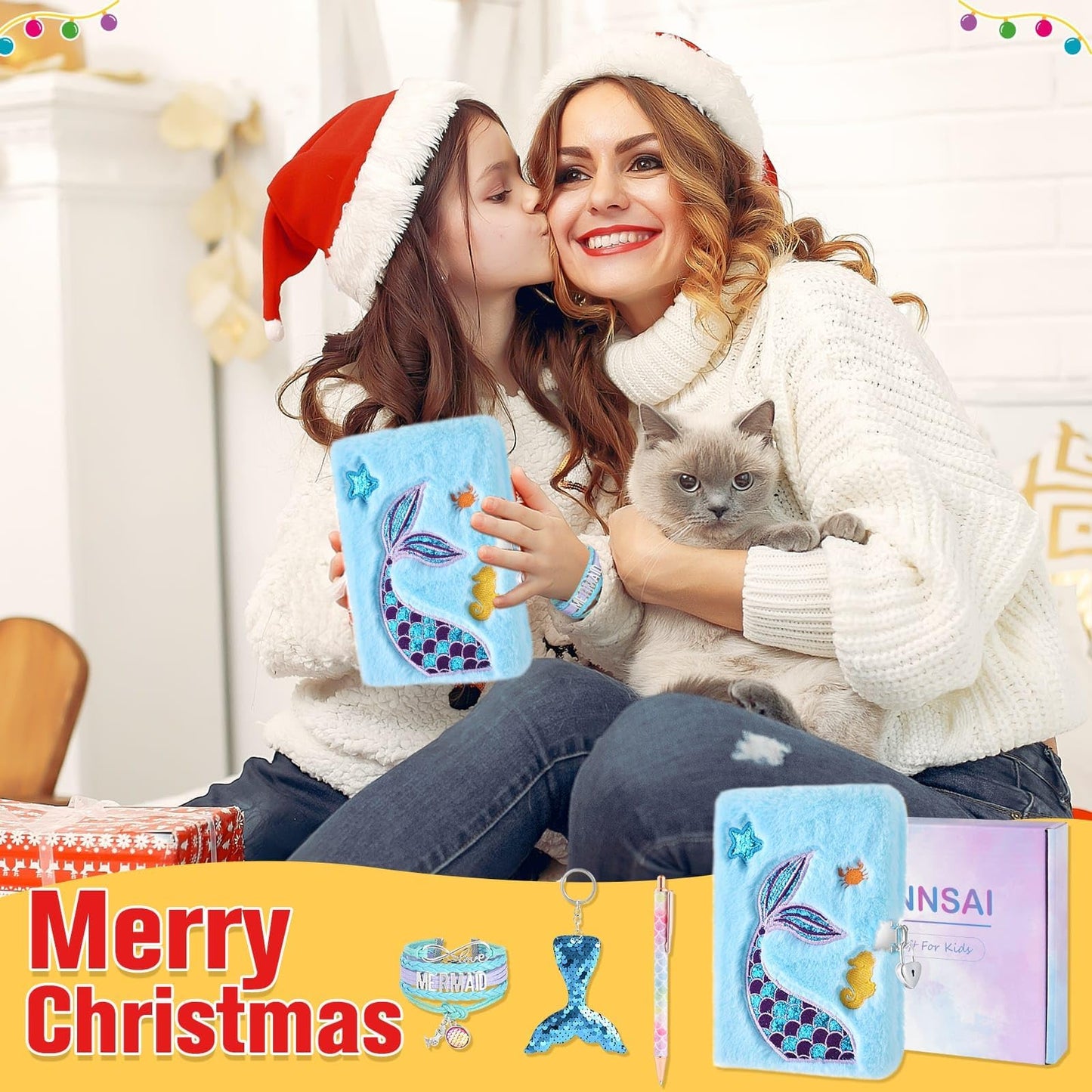 Wernnsai Mermaid Kids Diary With Lock For Girls, Gift For 6 7 8-12 Years Old Girl, Plush Secret Kids Diary Journal Kit For Girls School Travel Notebook Notepad With Pen Birthday Christmas Gift