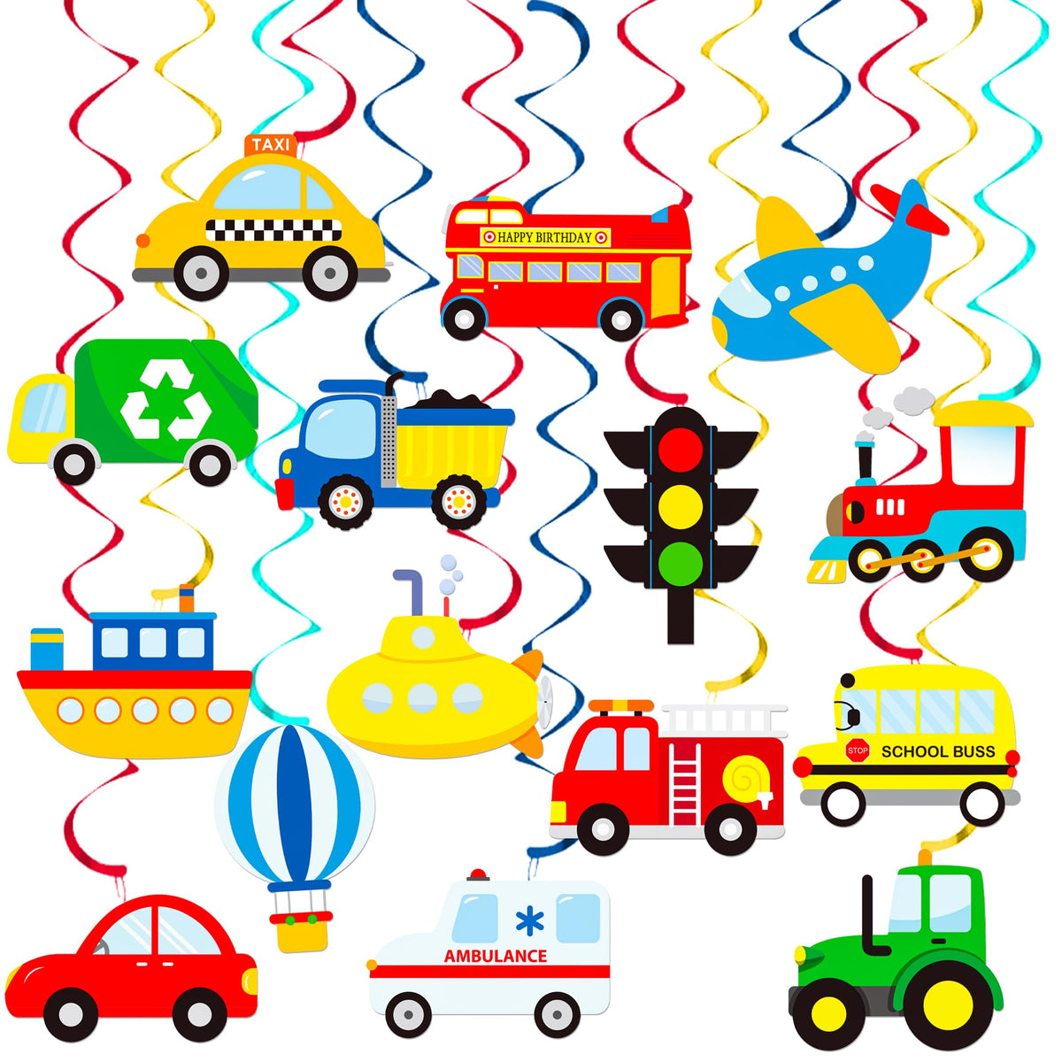 Transporation Hanging Swirls Transport Theme Birthday Decorations 20Pcs Transportation Party Hanging Streamers Truck Train Ceili