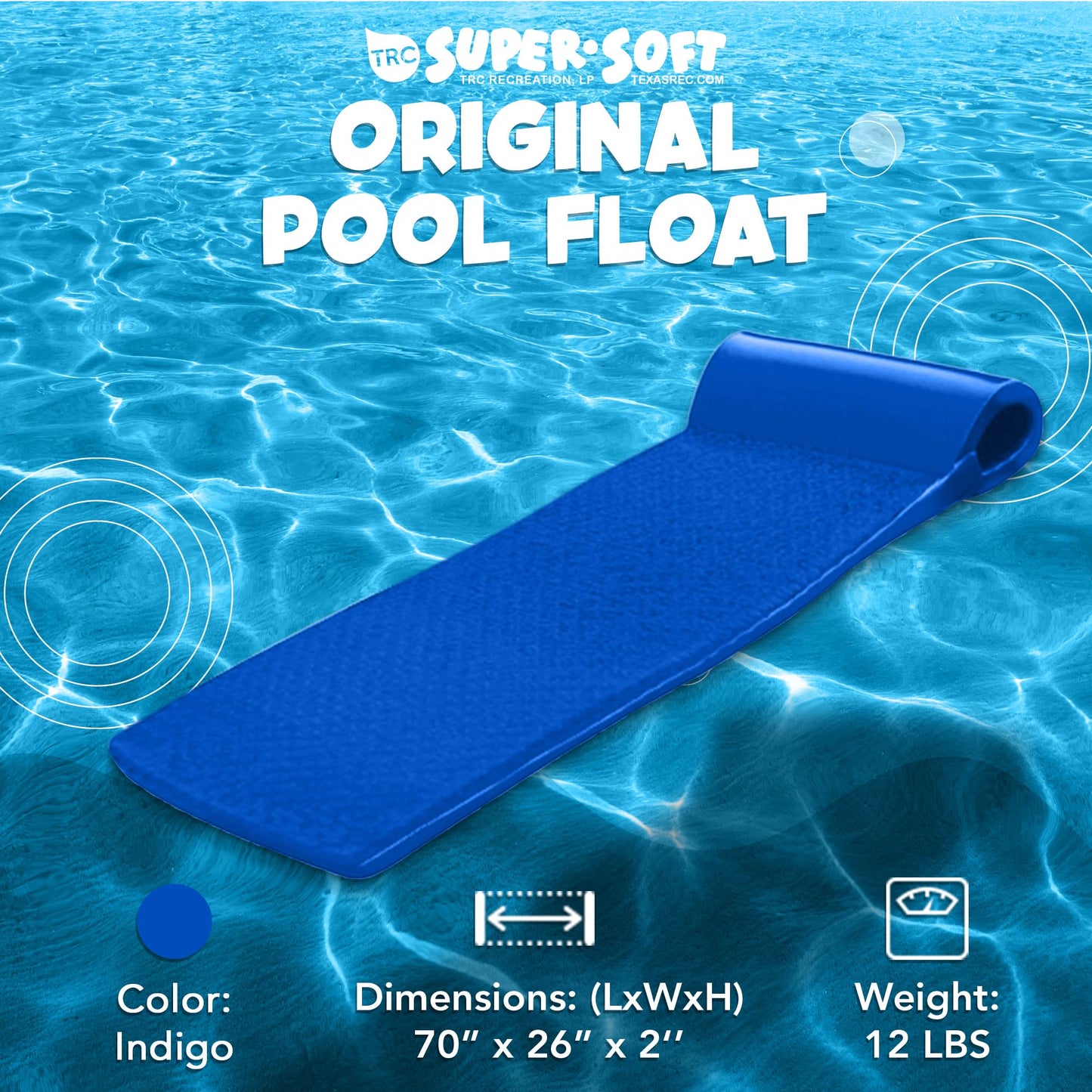 TRC Recreation Super Soft 2  Thick Vinyl Coated Foam Outdoor Swimming Pool Float Mat mature-themed Lounger with Built-in Roll Pillow  Indigo Blue