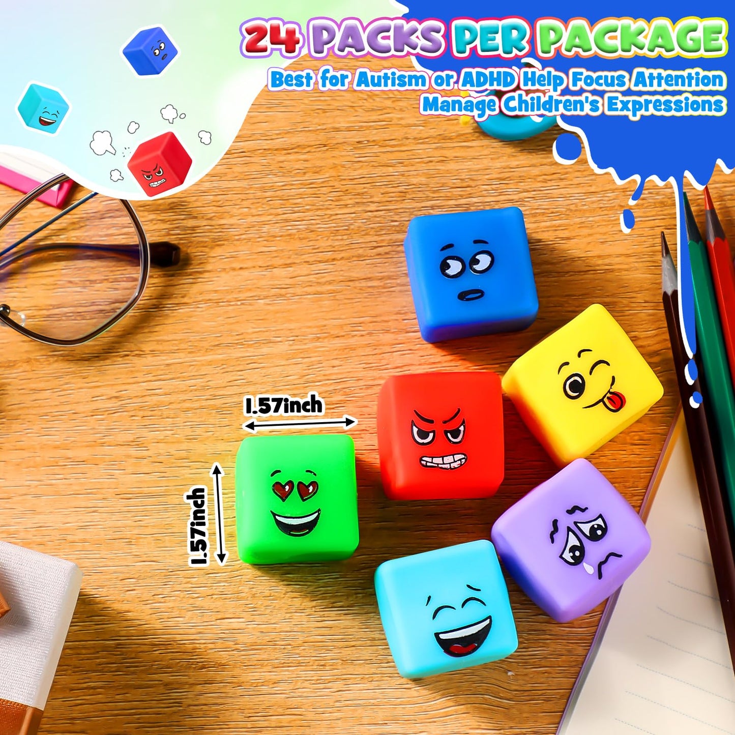 Meooeck 24 Pcs Fidget Toy Stress Cube Slow Rising Square Cube Squeeze Fidget Toys Stress Balls for Adults with Emoticons Face fo