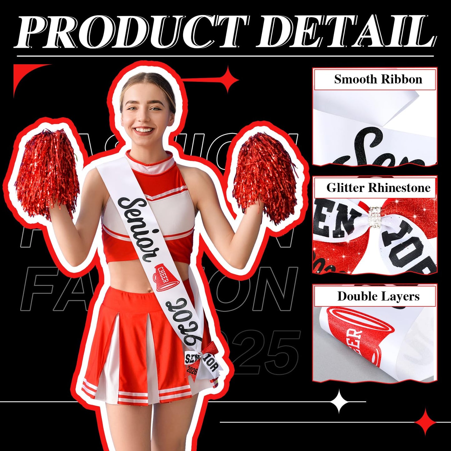 Vinsatin 6 Set Senior Sash - Glitter Cheer Hair Bow, Red White, 66.93 x 3.74 inches, Perfect for Senior Night Decor and Cheerleader Gifts