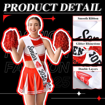 Vinsatin 6 Set Senior Sash - Glitter Cheer Hair Bow, Red White, 66.93 x 3.74 inches, Perfect for Senior Night Decor and Cheerleader Gifts