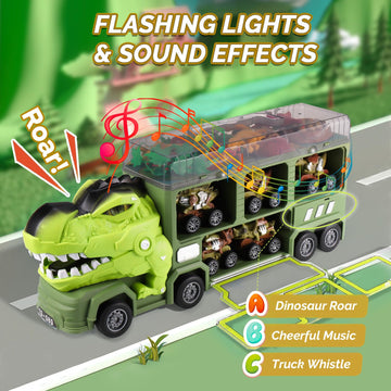 21 in 1 Dinosaur Truck Toys for 3 4 5 6 7 Year Old Boys Girls - T-Rex Transport Car Carrier Truck with 5 Pull Back Dinosaur Cars