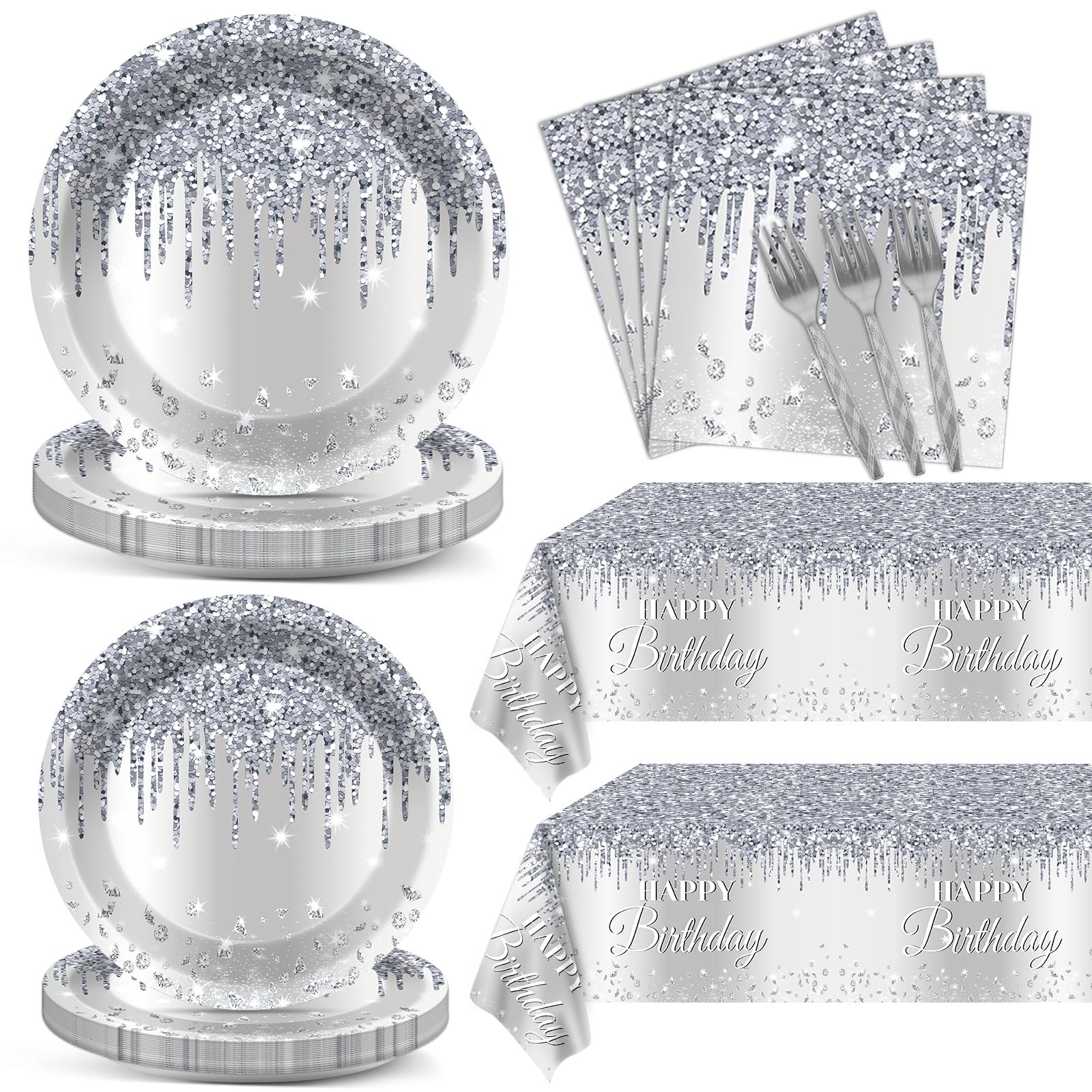 98 Pieces Silver Happy Birthday Decorations For 24 Guests Diamonds Silver Glitter Birthday Party Plates And Napkins Tablecloths Silver Birthday Tableware Set Baby Shower Wedding Party Favors