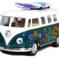 Set of 4 Vehicles: 5'' 1962 VW Classic Van Flowers with Surfboard (Red, Green, Maroon and Yellow)