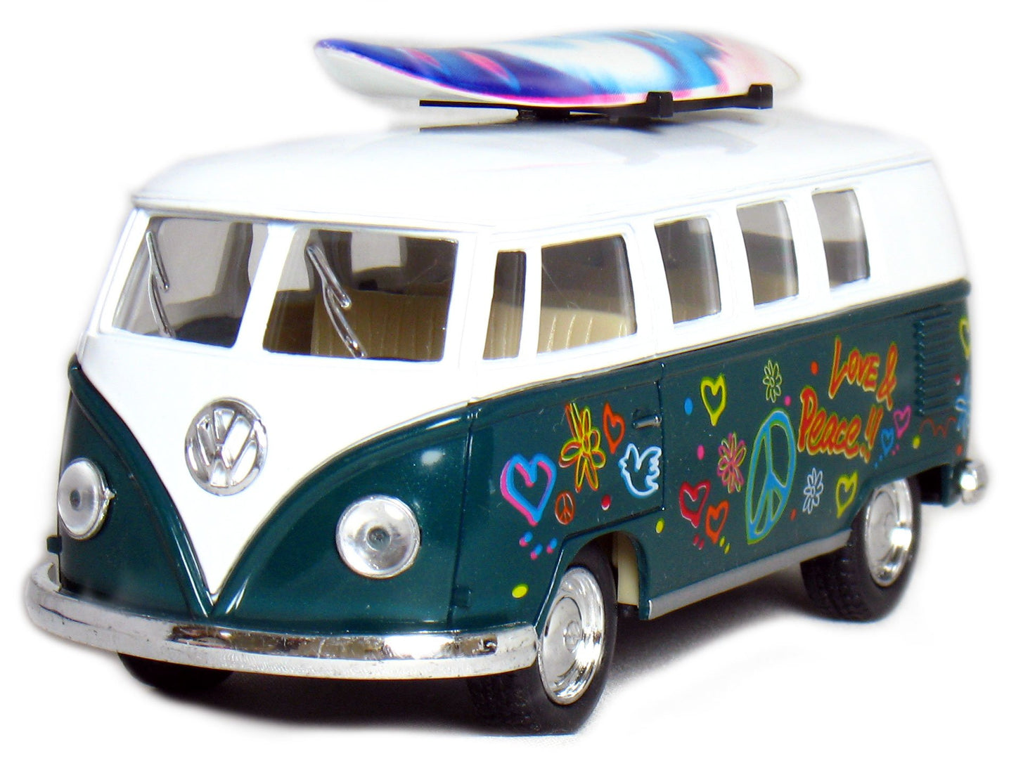Set of 4 Vehicles: 5'' 1962 VW Classic Van Flowers with Surfboard (Red, Green, Maroon and Yellow)