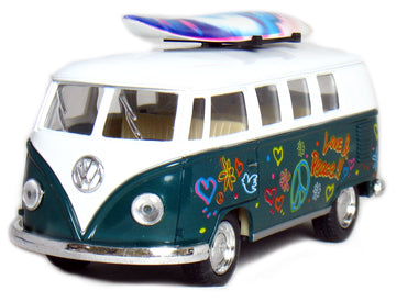 Set of 4 Vehicles: 5'' 1962 VW Classic Van Flowers with Surfboard (Red, Green, Maroon and Yellow)