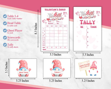 Bunco Valentine'S Day Theme Set. Gnome Vday Themed Bunco Game Kit Includes Score Sheet, Tally Sheet, Ghost Player, Bunco Card. F