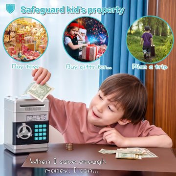EVTHSU Silver Electronic ATM Safe Piggy Bank for Kids - Real Money Savings Coin Bank with Code Lock & Password, Gift Money Box f