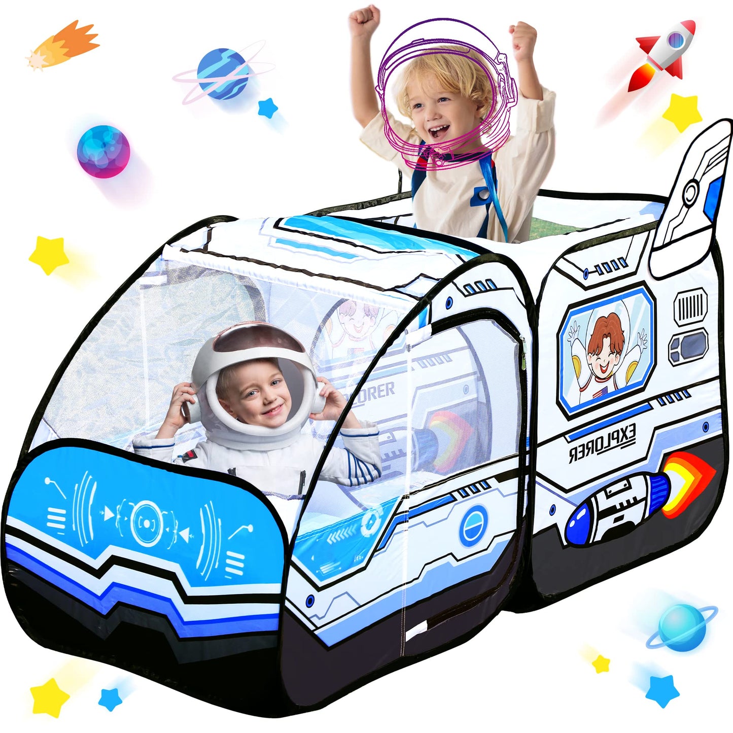 Kids Pop Up Play Tent - Spaceship Indoor Outdoor Rocket Ship Playhouse Tent Games Party Children Foldable Tent Birthday Toy For