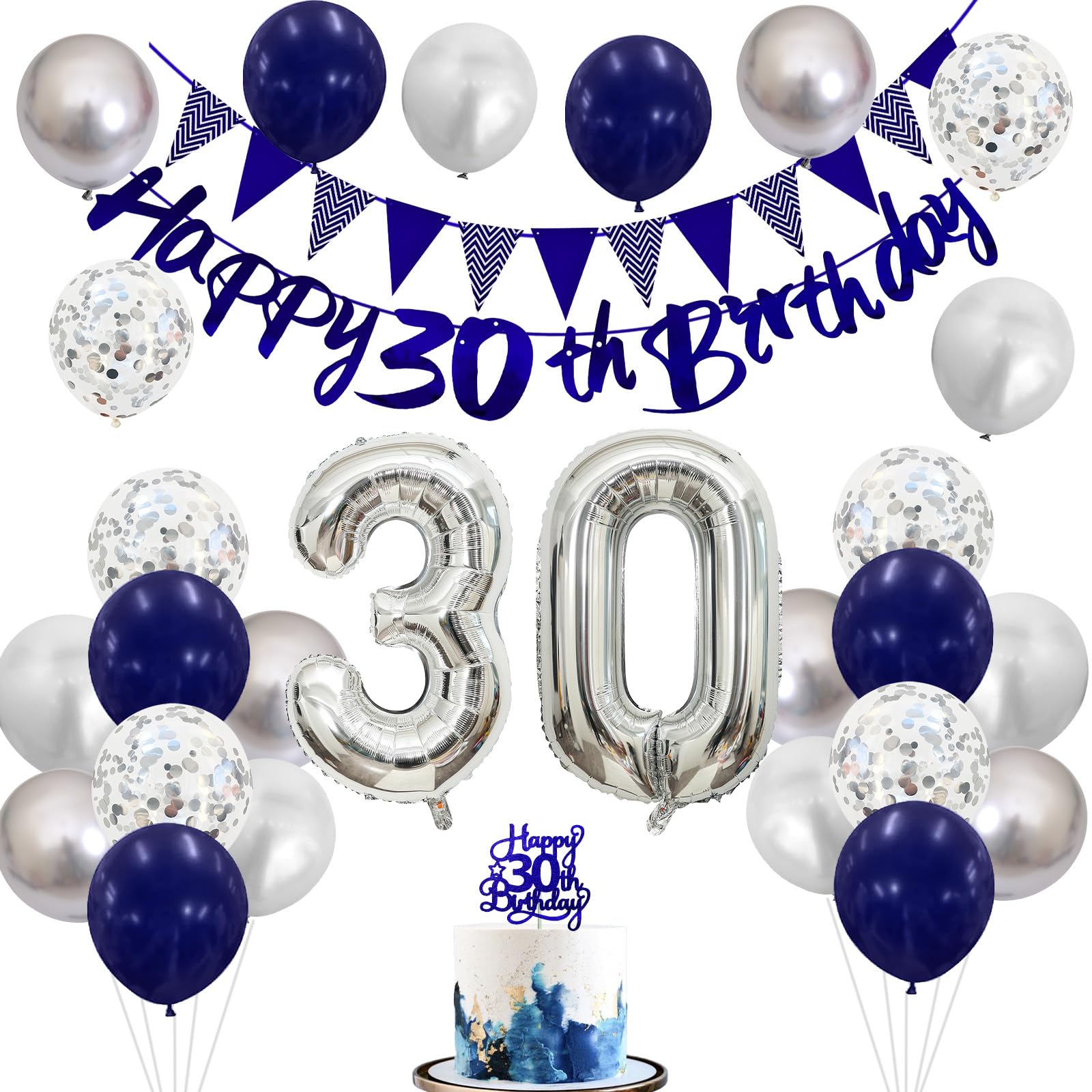 30Th Birthday Decorations For Men, Navy Blue Silver 30Th Birthday Balloons With Blue Happy 30Th Birthday Banner 30 Birthday Cake