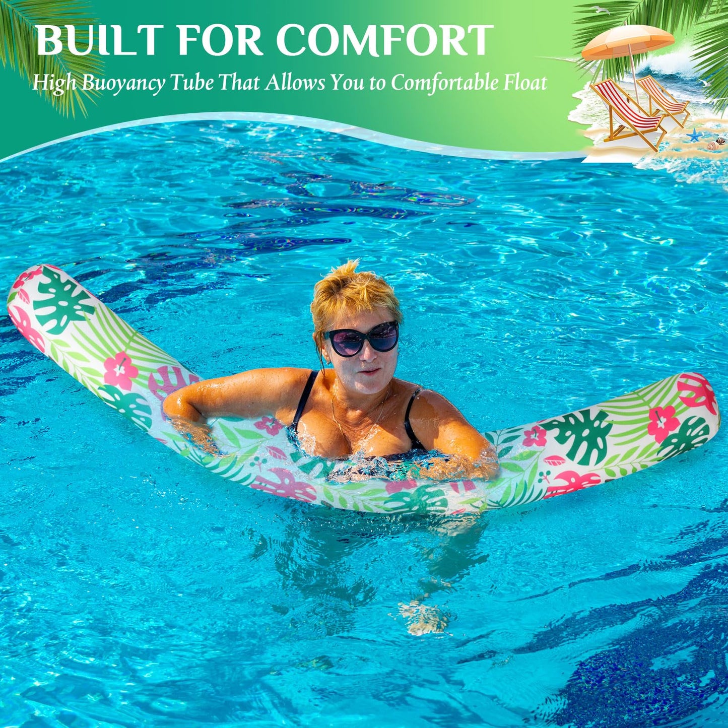 Soulchen 4 Pack Inflatable Pool Noodles Soft Fabric Covered 54'' Large Swim Noodles for mature-themeds Hawaii Tropical Palm Leaves enhanced Buoyancy for Pool Swimming Floating Beach Party Decor (Mixed)