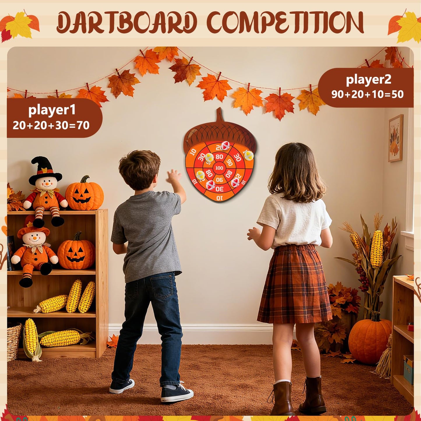 TEASIK Thanksgiving Acorn Dart Board - Fall Crafts for Kids Halloween & Thanksgiving Decorations with 10 Balls Autumn Party Wall Decor for Family Game Night (21.3x16.5 Inch)