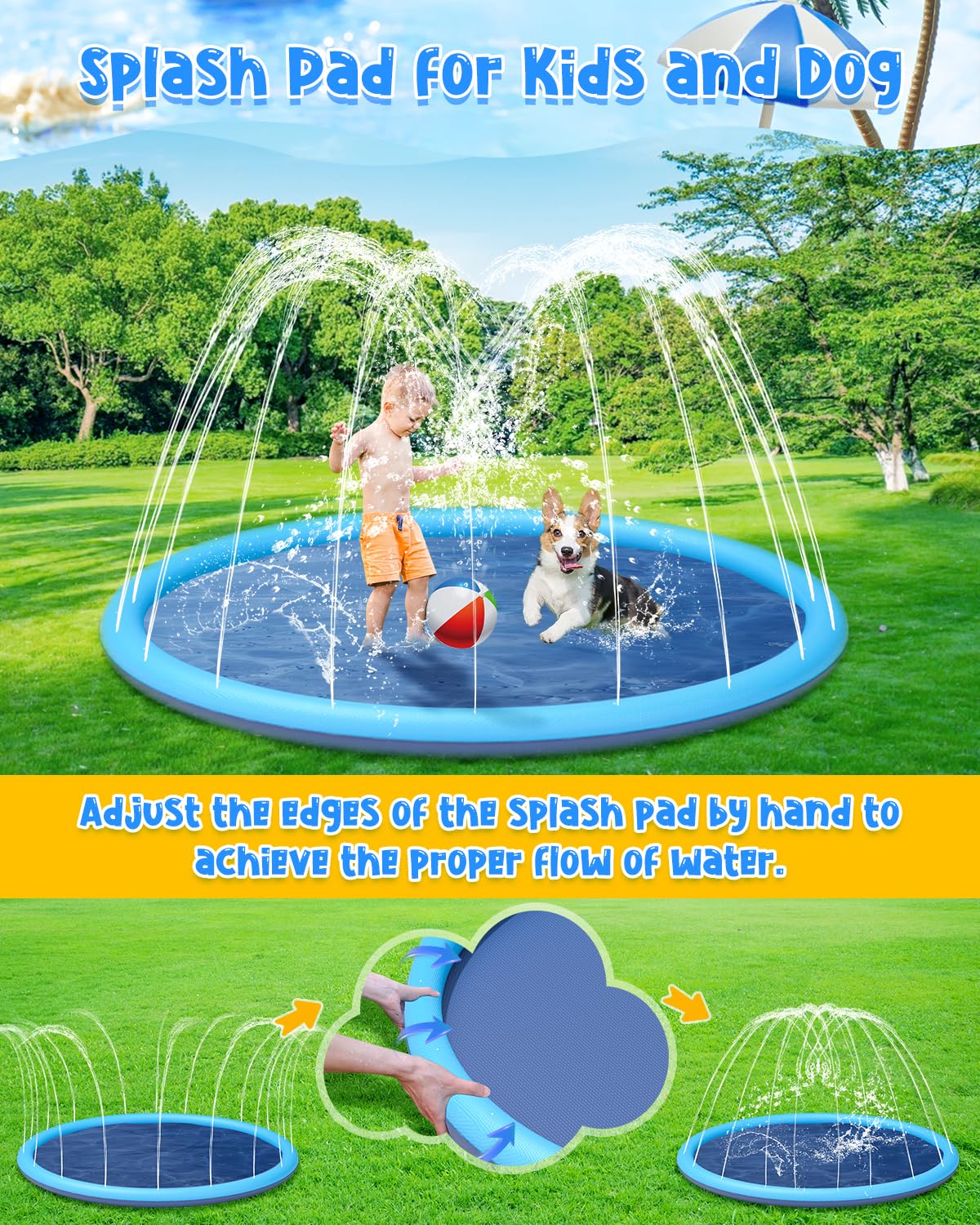 Ysjilide Non-Slip Large Sprinkler Splash Play Mat,Splash Pad For Kids And Dog (Blue, Xl-68)