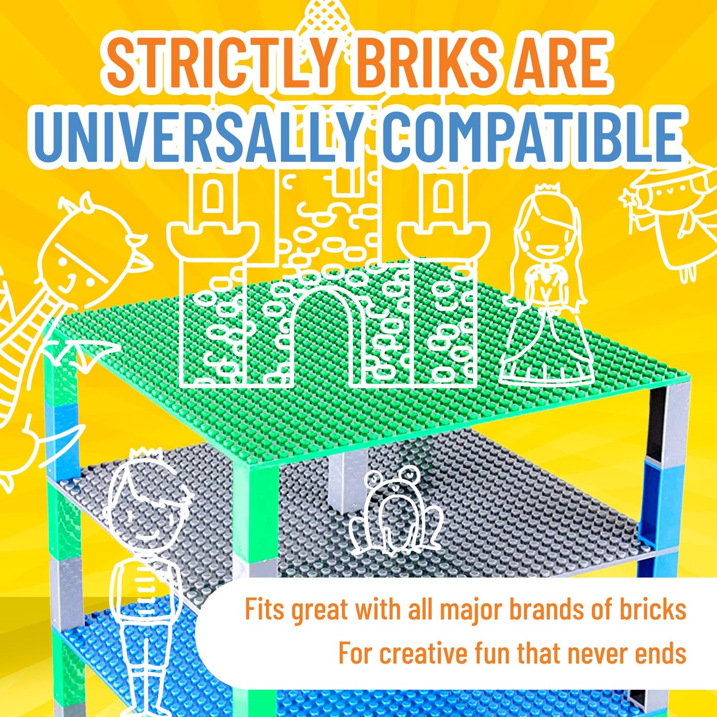 Strictly Briks Baseplate Set - 10x10 in 6 Multi-Color Plastic Baseplates - Compatible with Lego, Includes 50 Stackers, Kids Gift