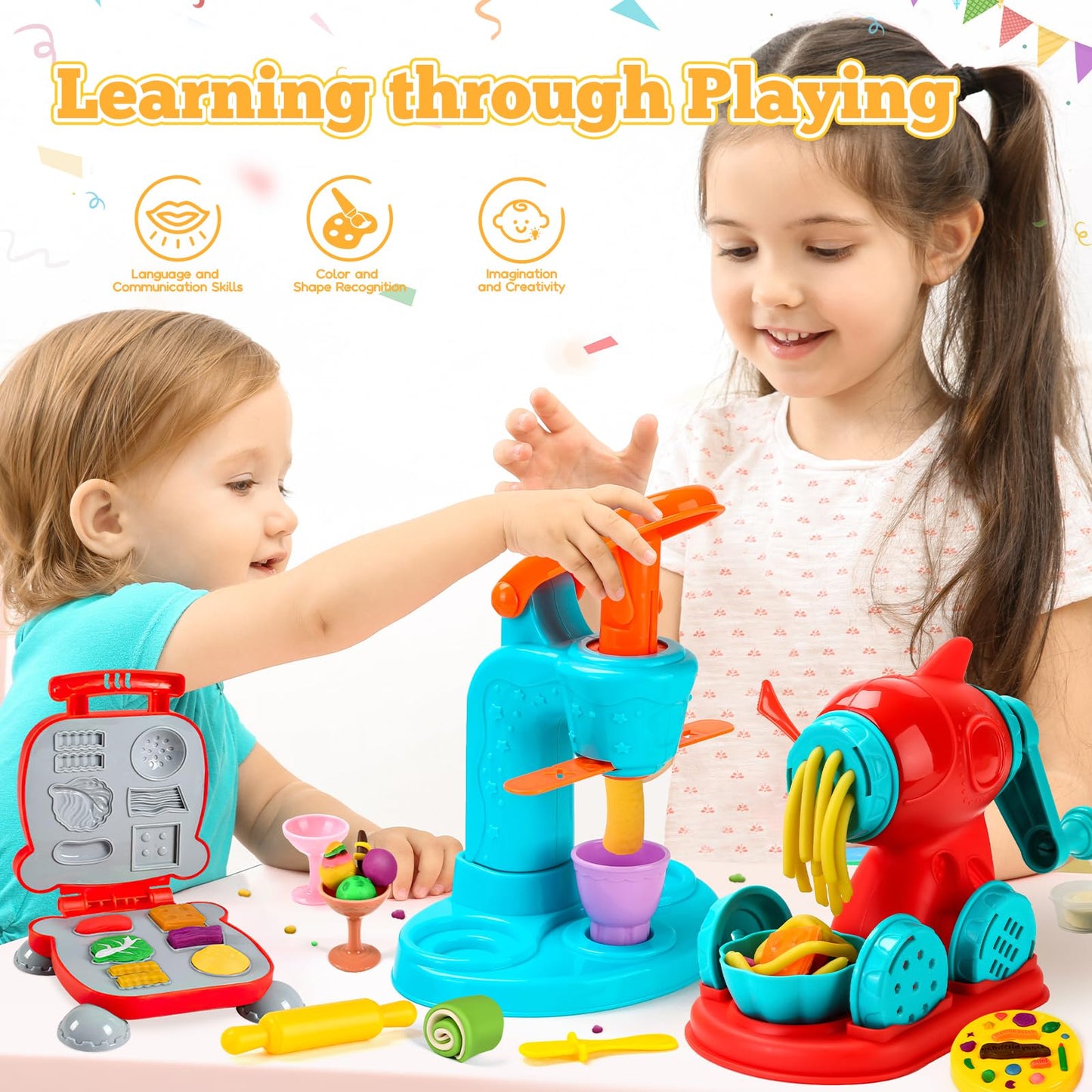 Aprilwolf 59 PCS 3 in 1 Dough Sets for Kids Ages 2-4-8, Art Crafts Dough Tools Kit, Ice Cream Playset Noodle Hamburger Maker Mac