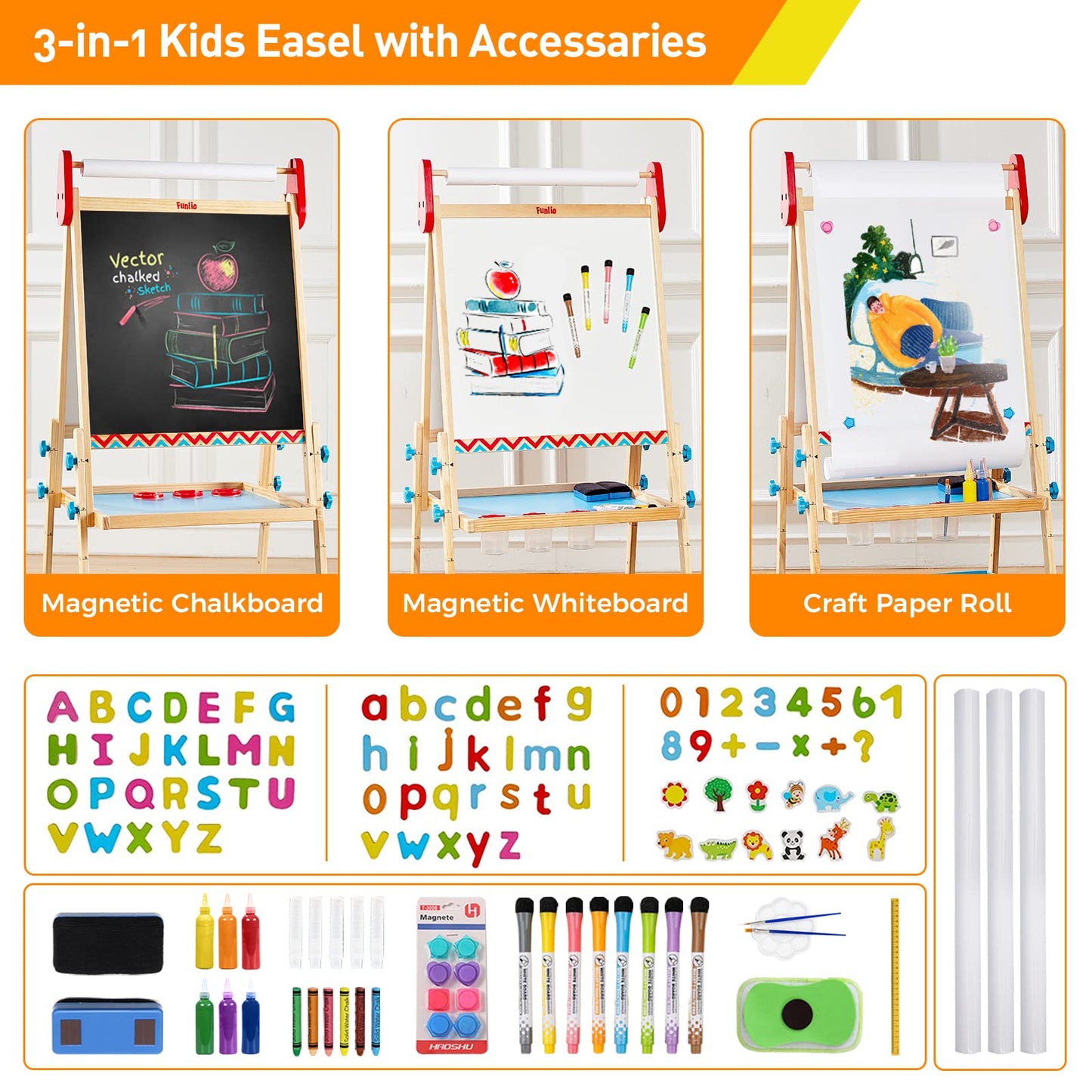 FUNLIO Anti-Warping Kids Art Easel, 3 Height Adjustable for Kids Aged 2-8, All-in-One Toddler Easel with Paper Roll & Erasable F