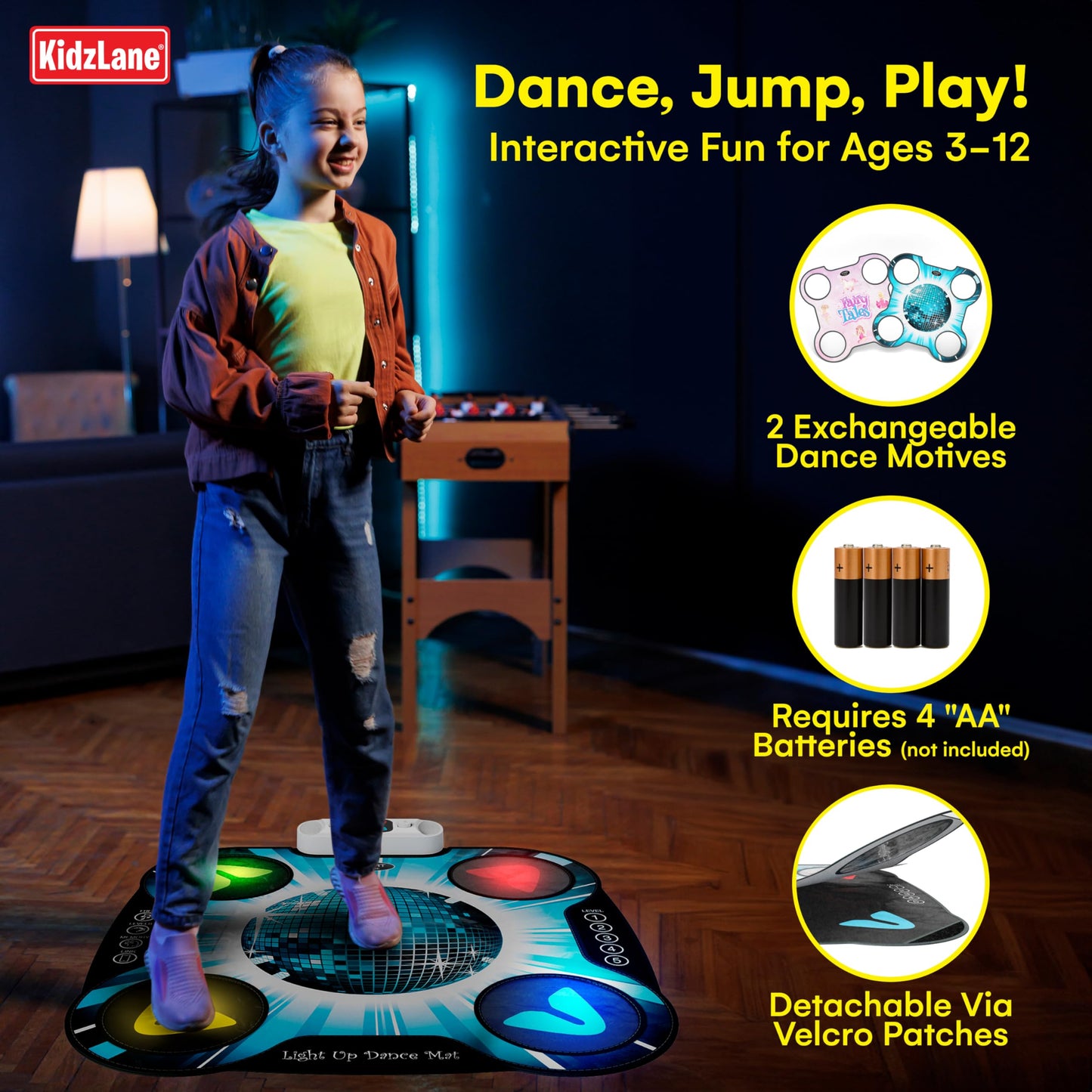 Kidzlane Light Up Dj Dance Mat For Kids - Bluetooth & Aux Compatible - 3 Fun Arcade Games With 5 Difficulty Levels - Detachable Discoball & Fairytail - Adjustable Volume - Ages 6+