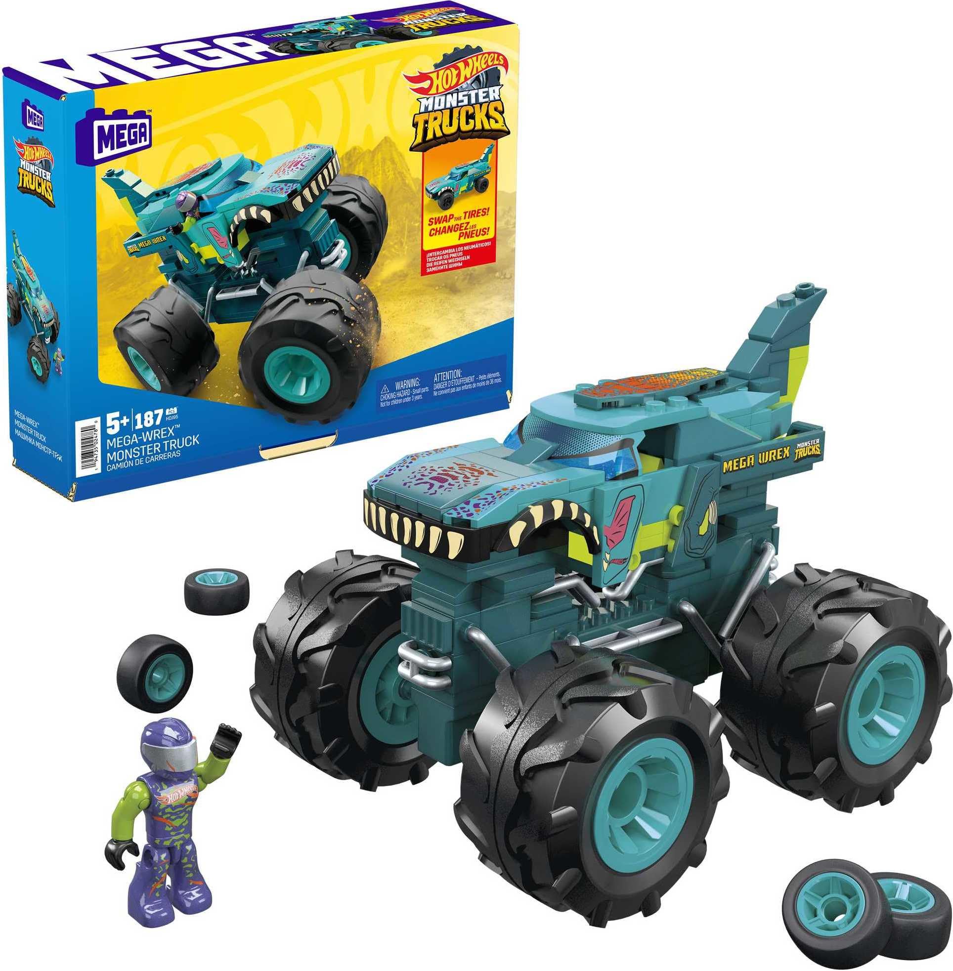 MEGA Construx Hot Wheels Monster Trucks Toy Car Building Set, MEGA-Wrex with 187 Pieces, 1 Micro Action Figure Driver, Red, Kids