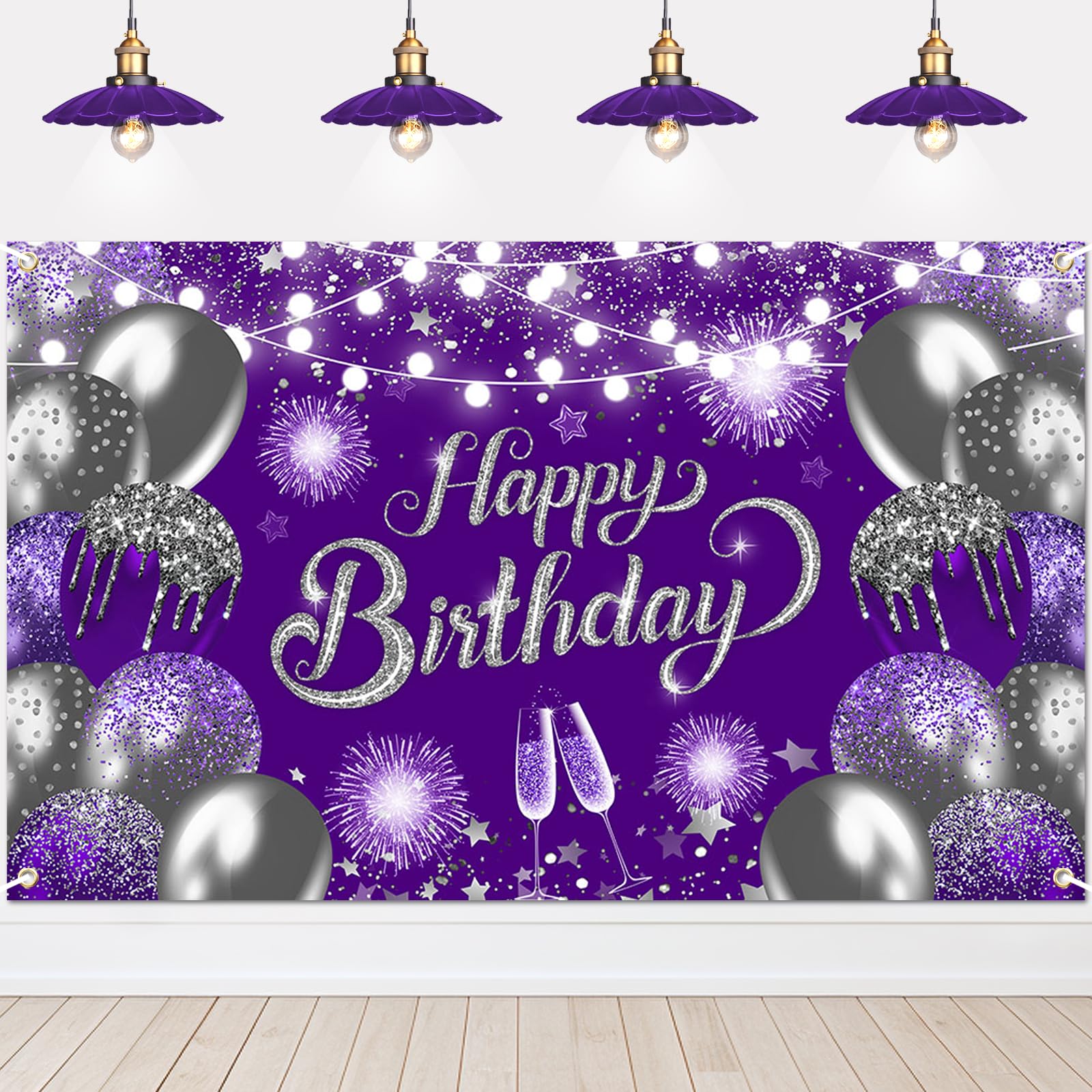 Lecheme Purple Silver Happy Birthday Backdrop 6x3.6 ft Purple Banner for Silver Birthday Party Decorations Photo Booth Props