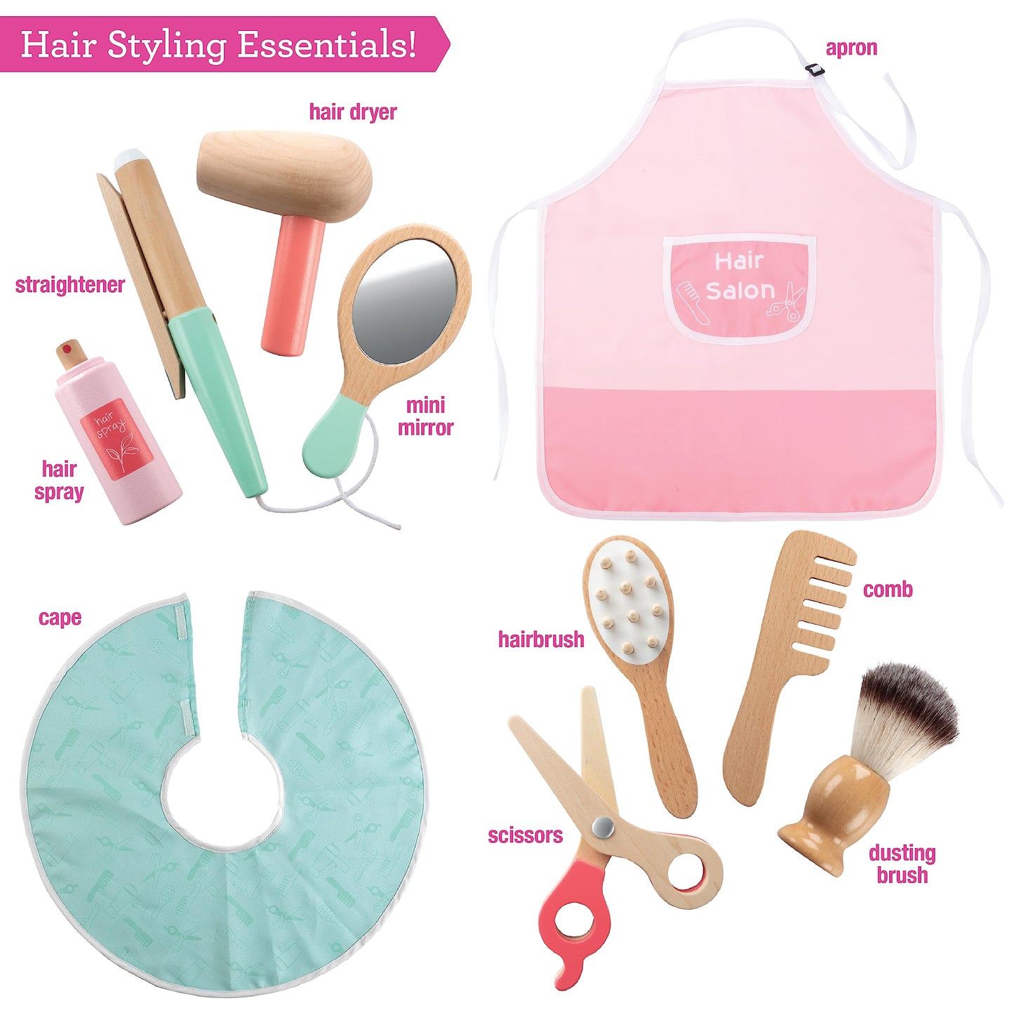 Pretend Hair Salon Wooden Play Set- Full Vanity Mirror W Chair & Rolling Cart- Playset Includes Blow Dryer, Brush, Styling, Cutt