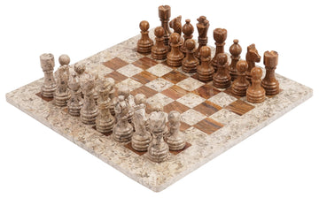 Radicaln Marble Chess Set 15 Inches Fossil Coral And Dark Brown Handmade Board Game Chess Sets For Adults - Travel Chess Game Se