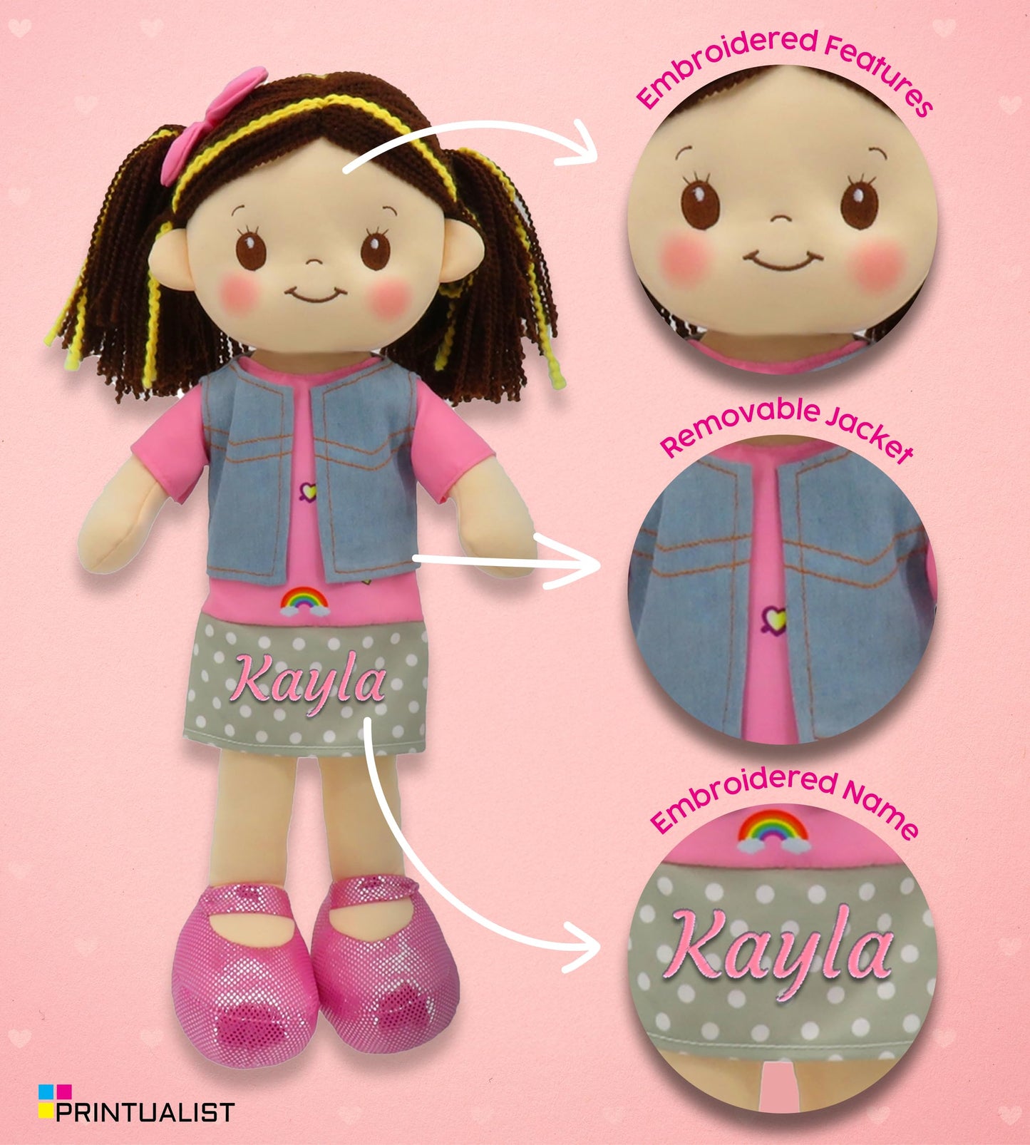Personalized Rag Dolls for Girls - Custom 16 Inches Soft Plush Snuggle Baby Doll for Toddlers Stuffed Toys - Muecas de Trapo Personalizadas para Nias - Denim Vest and Skirt